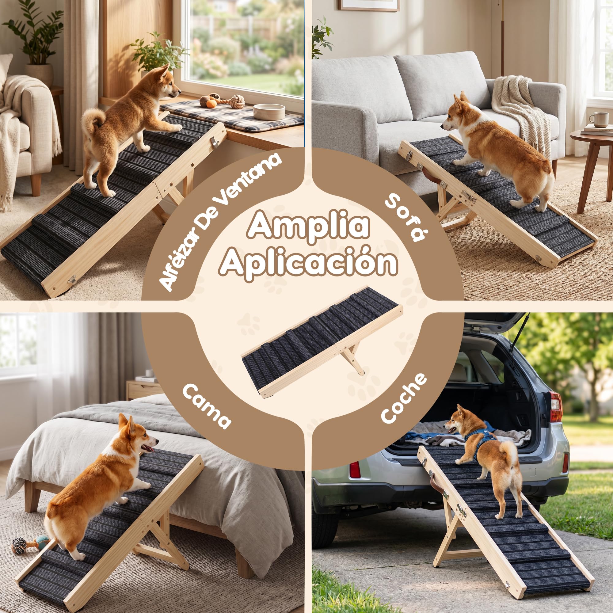 Rampa para Perros Plegable, 5 Alturas Ajustables, Madera Maciza