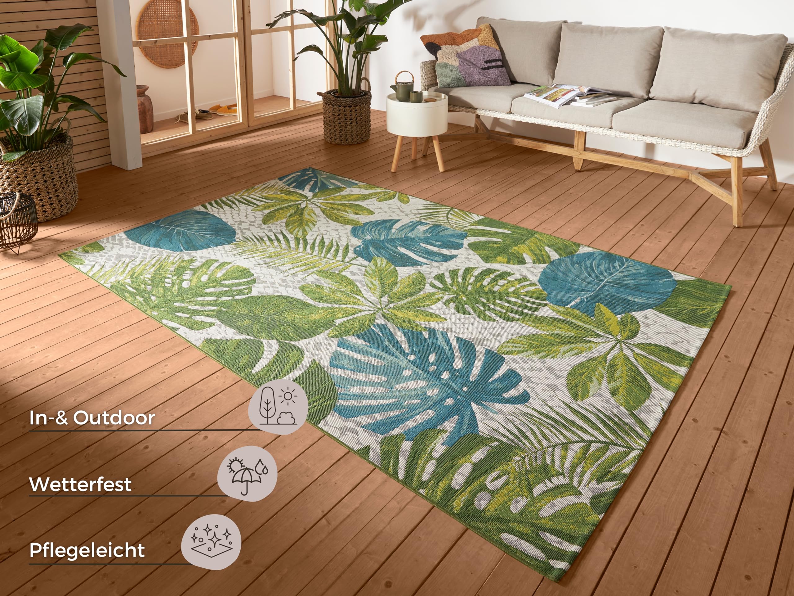 HANSE Home Tropical Leaves - Tappeto per interni ed esterni, in tessuto piatto, con foglie di palma, ecologico, resistente alle intemperie e ai raggi UV, per balcone, terrazza, giardino, turchese,