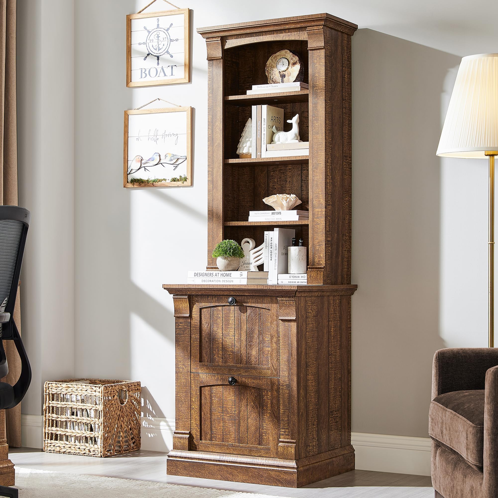 OKD Farmhouse Storage Bookcase，72" Tall Bookcase with 4-Tier Open Adjustable Shelves，Wooden Freestanding Bookshelf Storage Organizer for Home Office, Living Room，2 Drawers，Reclaimed Barnwood