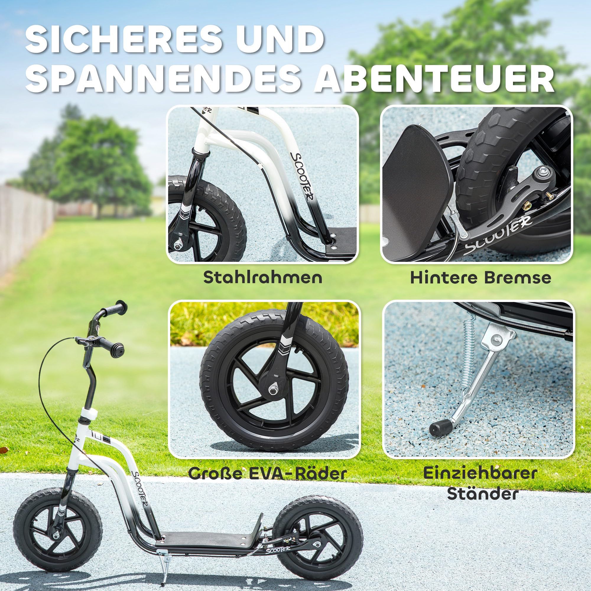 AIYAPLAY Kinderroller Scooter Tretroller Kickscooter mit verstellbarem Lenker, großen Rädern und Handbremse 12 Zoll Cityroller für 5-12 Jahren Jungen und Mädchen