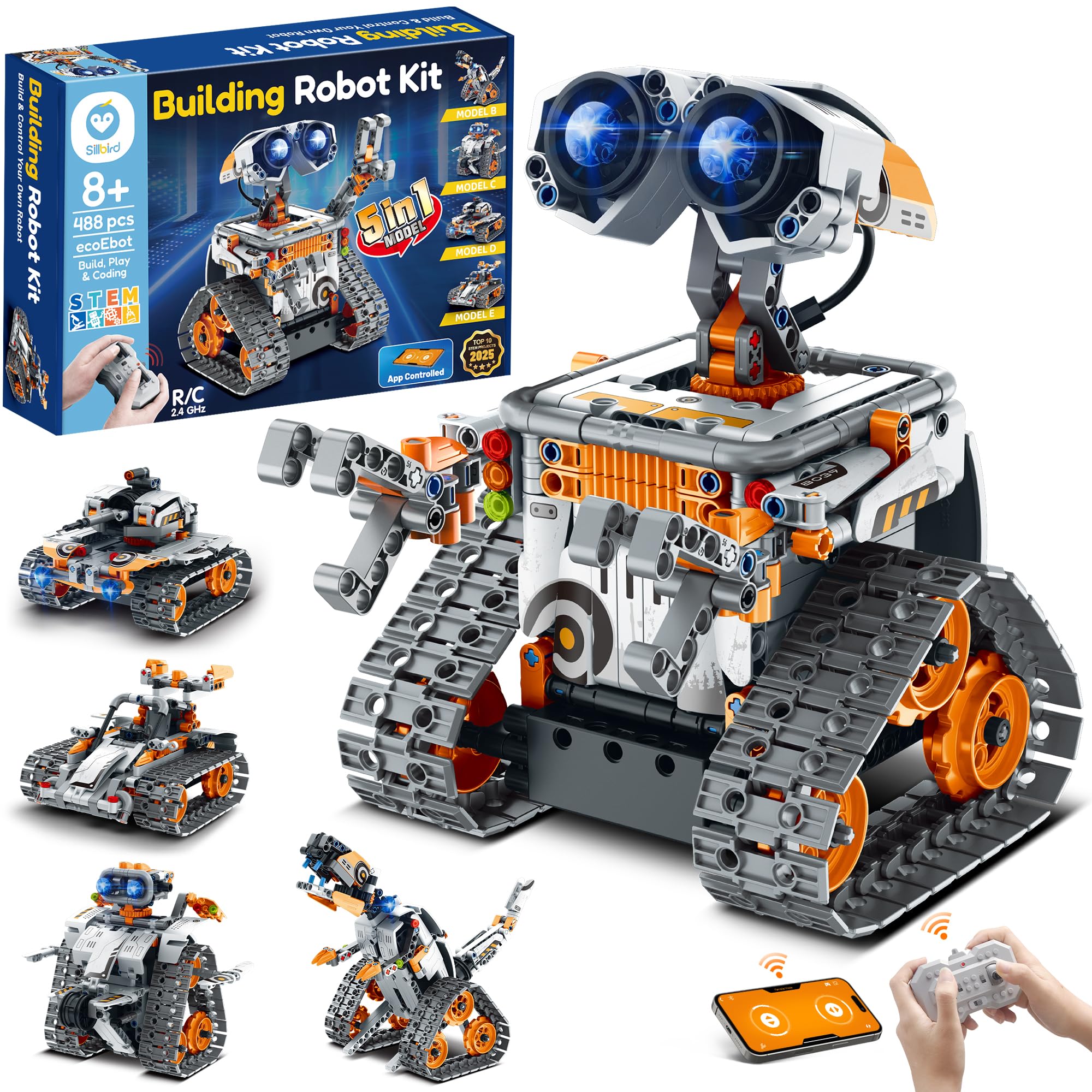 Sillbird Robot Building Kit with Remote Control STEM Gifts for Kids Boys Age 8-12, Coding Technic Robotics Toy for Birthday - Buildable 5in1 Models with 488 Pieces - Orange