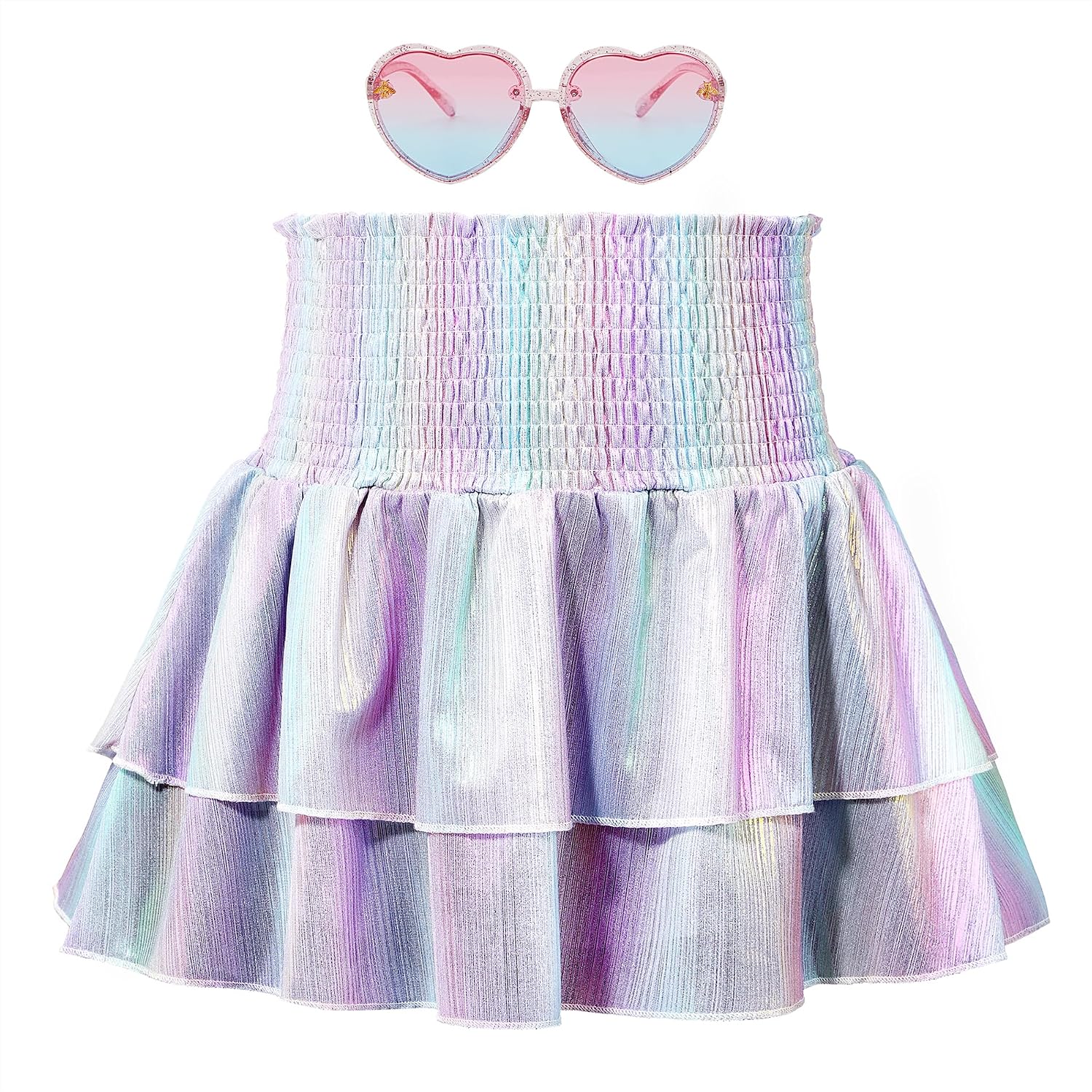 American Trends Girls Sequin Sparkly Skirts Girls Metallic Skirt 2-Layer Ruffle Skirts with Sunglasses Cheerleaders Skirt