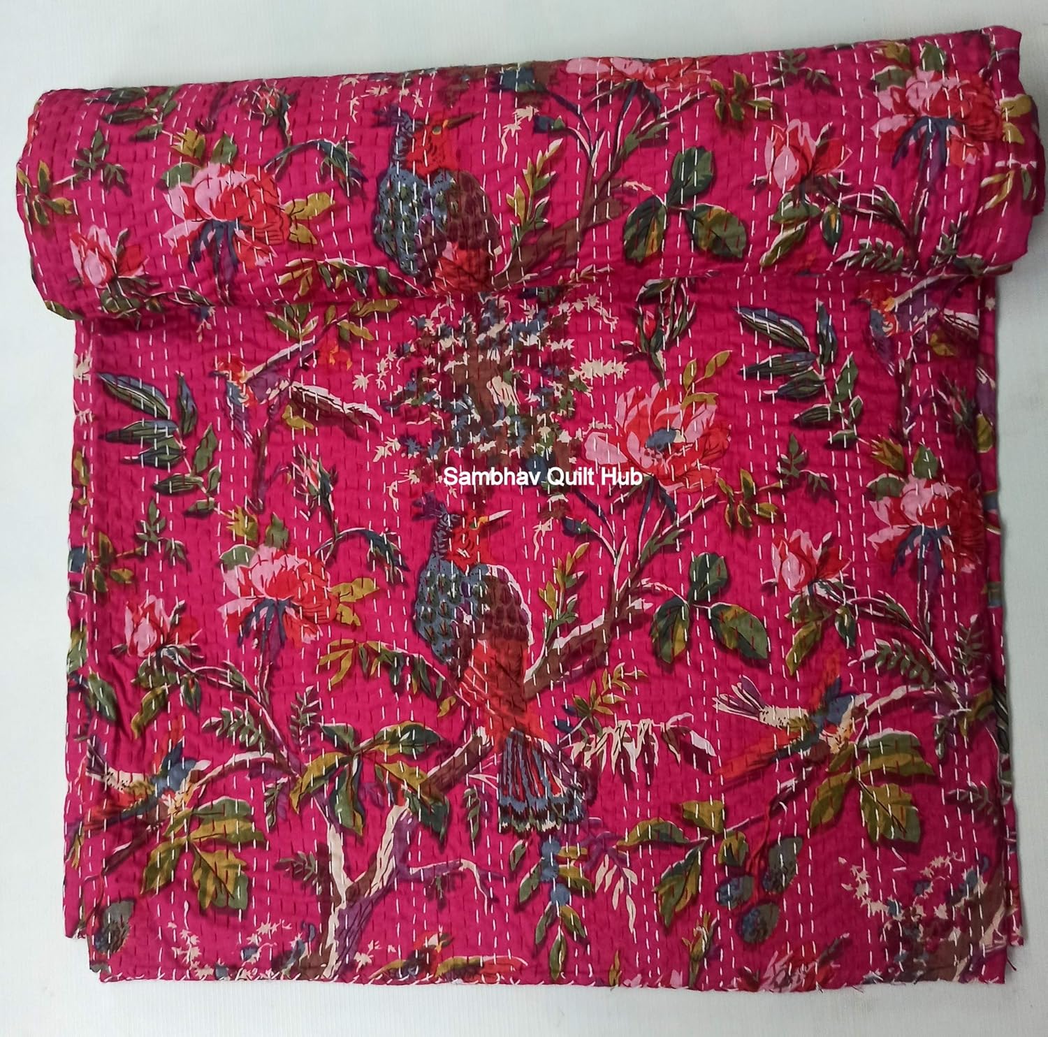 Pink Floral Bird Kantha Quilting with 2 Pillow Reversible Kantha Bedding Quilt Bedspread Blanket Hippie Bohemian Kantha Quilting King/Queen Home Decor Bird Kantha Quilt with 2 Pillow (60X90 inches)