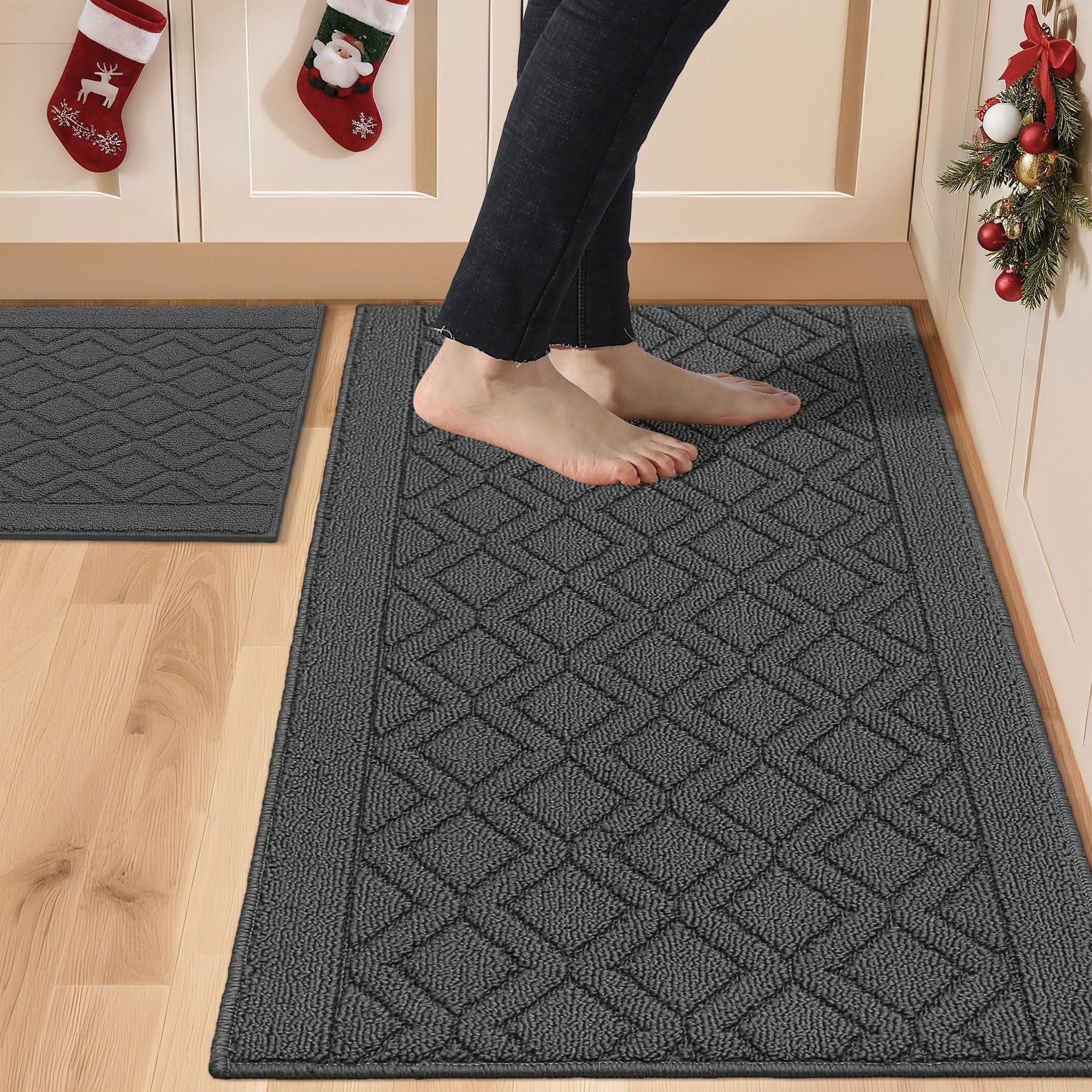 COSY HOMEER 48x20 Inch/30X20 Inch Kitchen Rug Mats Made of 100% Polypropylene 2 Pieces Soft Kitchen Mat Specialized in Anti Slippery and Machine Washable (Grey)