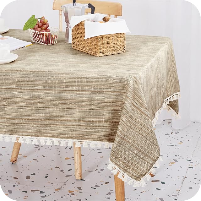 Amazon Brand - Umi Wipe Clean Faux Linen Decorative Water Resistant Tassel Table Cloth for Wedding 140x200 55x79 in Dark Khaki