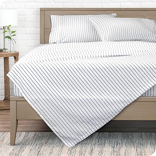 Bare Home Split King Sheet Set - 1800 Ultra-Soft Microfiber Split King Bed Sheets - Double Brushed - Deep Pockets - Easy Fit - 5 Piece Set - Bed Sheets (Split King, Pinstripe - White/Midnight)