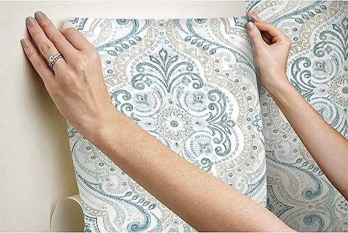 Miniatura 5 de RoomMates RMK11936WP Papel tapiz autoadhesivo de damasco bohemio amarillo y verde azulado