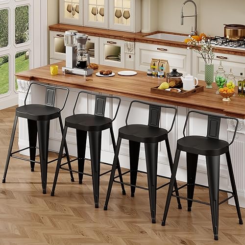 Miniatura 6 de ALISH Juego de 4 taburetes de bar de 24 pulgadas, taburetes de bar industriales de metal con asiento grande para isla de cocina (24 pulgadas, negro)