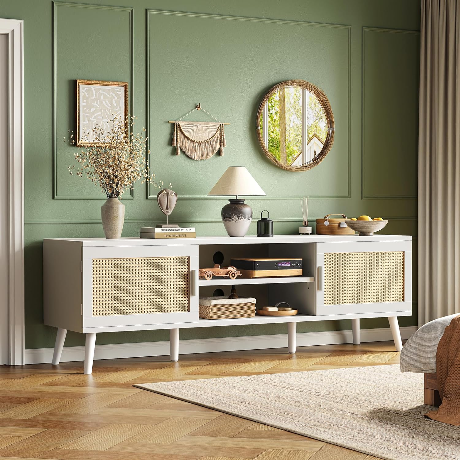 SUPERJARE TV Stand for 65 Inch TV, Entertainment Center with Adjustable Shelf, Rattan TV Console with 2 Cabinets, Media Console, Solid Wood Feet, 4 Cord Holes, for Living Room, White - Image 8