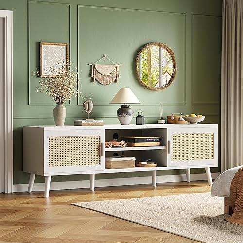 Vista 8 de SUPERJARE TV Stand for 65 Inch TV, Entertainment Center with Adjustable Shelf, Rattan TV Console with 2 Cabinets, Media Console, Solid Wood Feet, 4