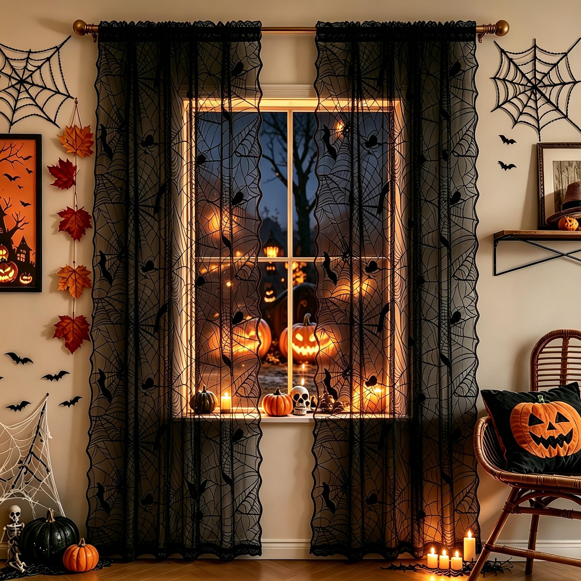 Fall Lace Curtains - 63 Inch, Harvest Pumpkin Style -14