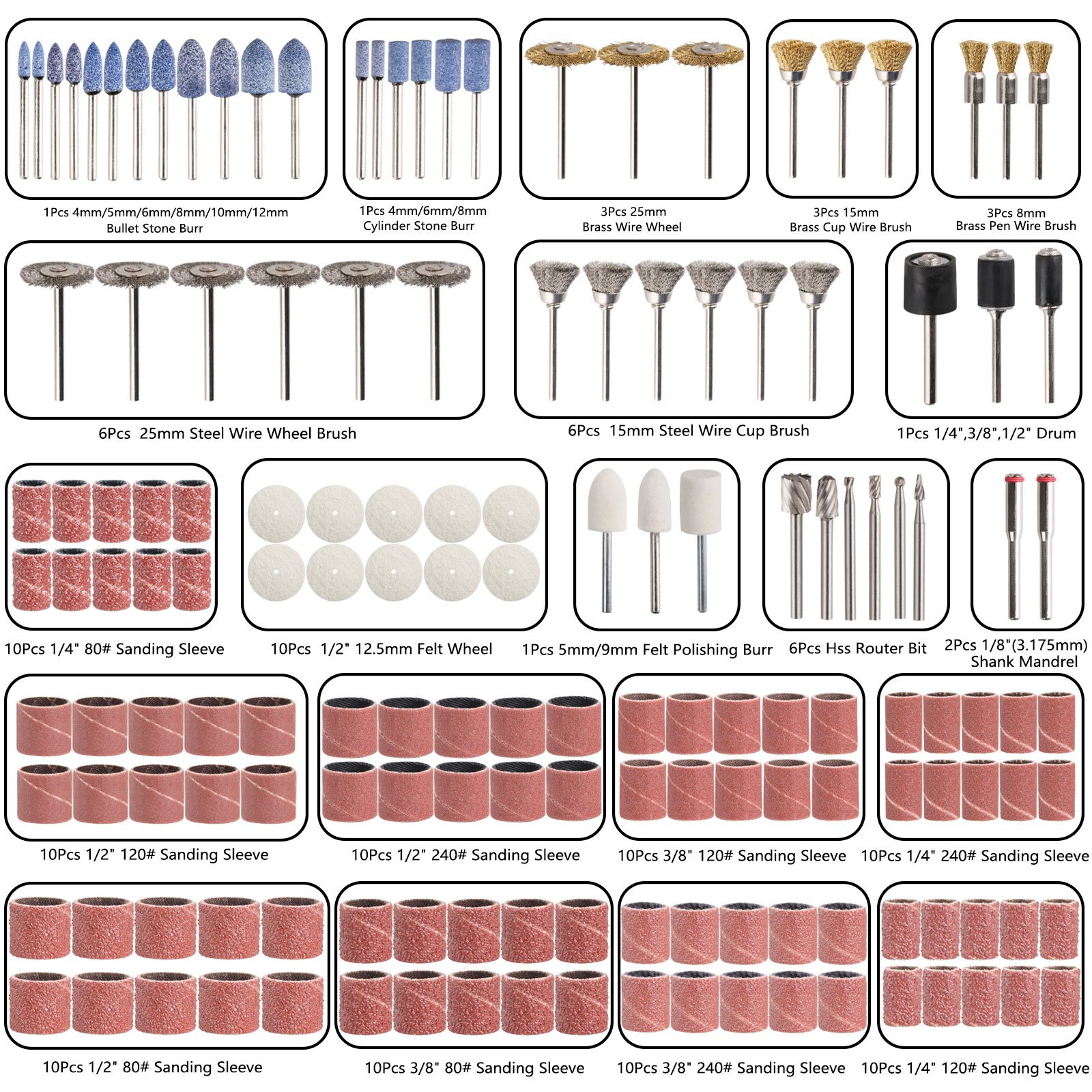Accessoires d'outil Rotatif, ZFE A0617, Kit de 217 Pièces Diamètre 1/8"(3.2 mm), avec 2 Mandrins Universels pour Outil Rotatif, Découpage/Polissage/Dérouillage/Meulage/Gravure