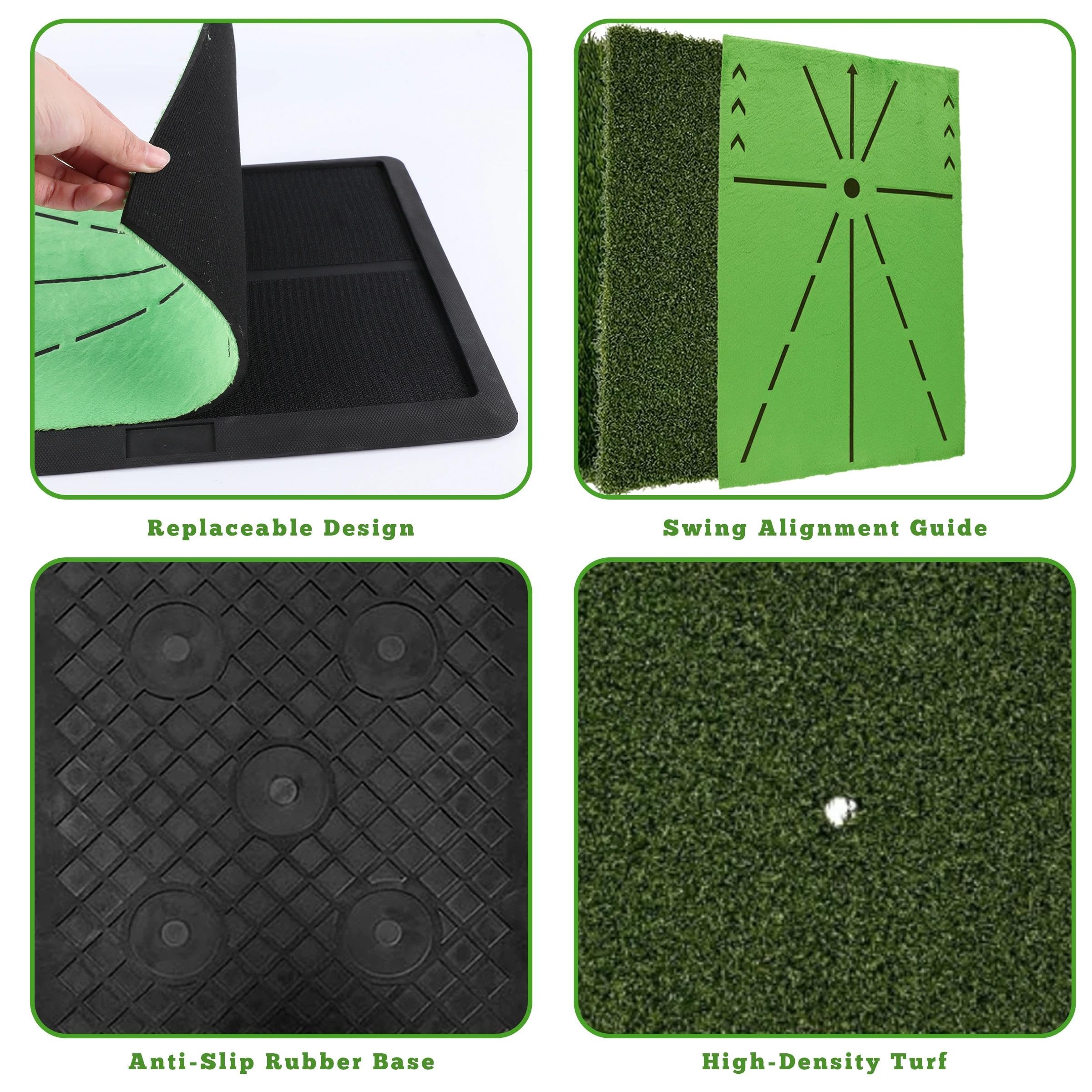 Alfombrilla de práctica de golf, alfombrilla de golf reemplazable, 40 x 30 cm, para interiores y exteriores, con base de goma antideslizante, tri césped, pelota y tees