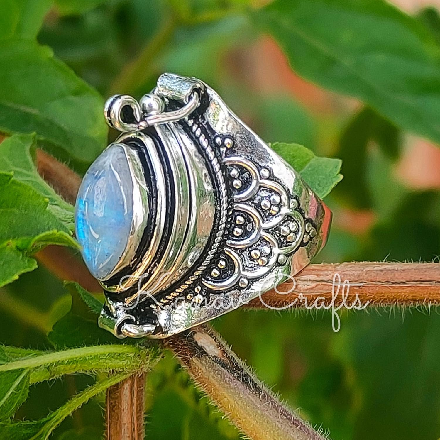 Halloween Day Gift, Natural Rainbow Moonstone Ring, Poison Box Ring, Marquise ~ Gemstone Ring, June Birthstone Ring, Openable Poison Ring, Poison Ring, Locket Ring, Blue Flash Ring