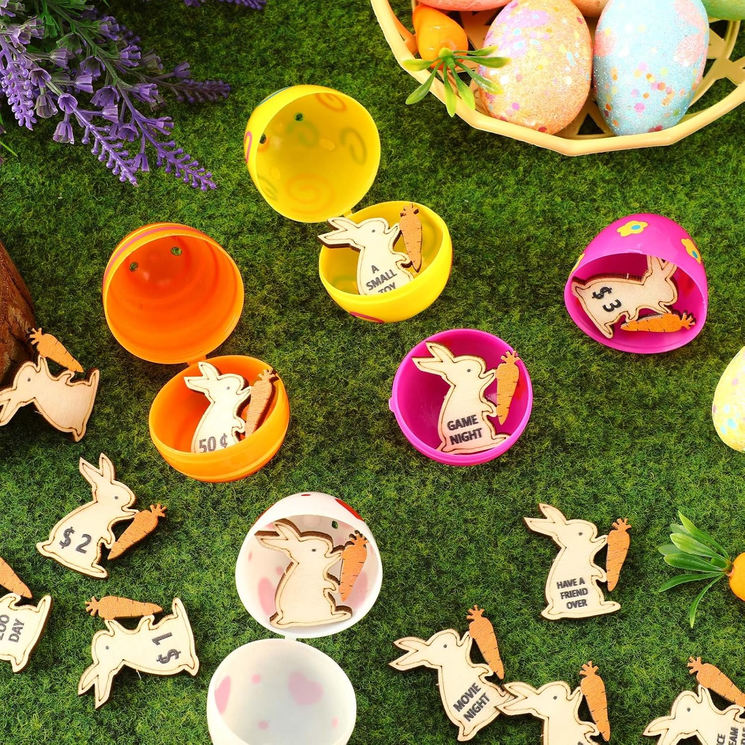 Easter Egg Fillers, Bunny Reward Tokens for Boys and Girls, 30 Wood Easter Prizes Coins, Cute Bunny & Carrot Design, Candy Alternative Egg Hunt Stuffers, Family Reward Activity Game