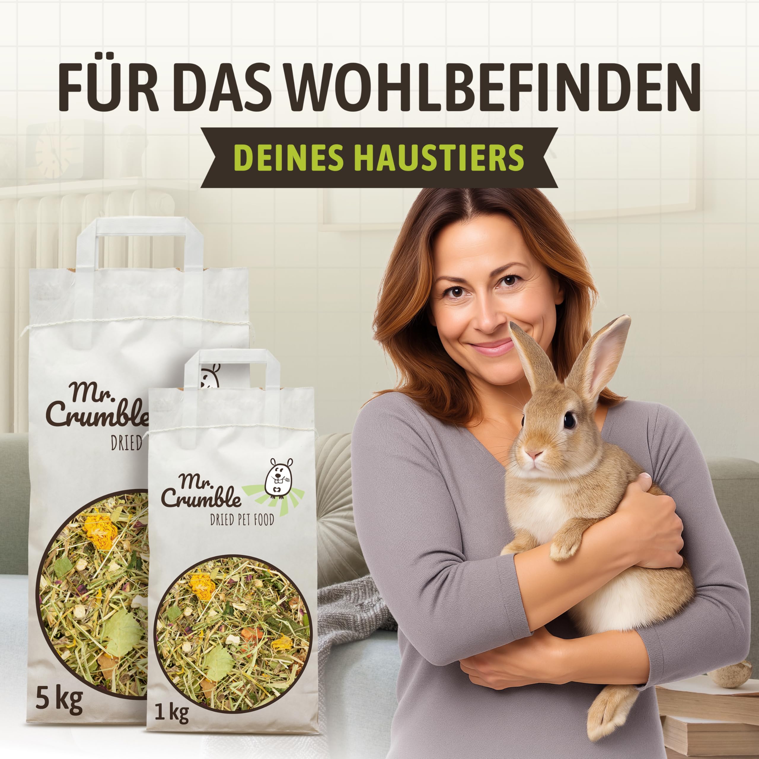 Mr. Crumble Hoppel Mix Kaninchenfutter 5 kg – Kaninchen Hauptfutter für Zwergkaninchen – ohne Pellets, mit Gräsern, Kräutern, Gemüse & Wurzeln – hoher Rohfaseranteil für Verdauung & Zahnabrieb