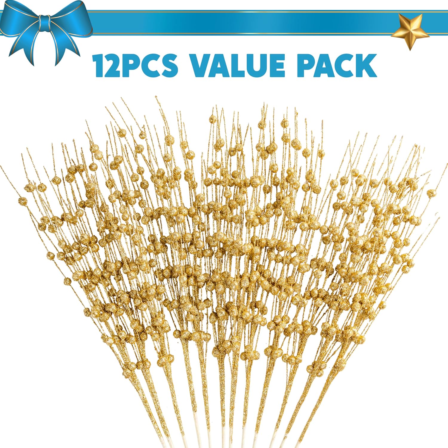 Joiedomi 12 Pcs Christmas Gold Glitter Berry Stems, 17'' Christmas Tree DIY Picks Branches, Gold Xmas Wreath Ornaments Glitter Twigs, Artificial Decorative Sticks for Party Home Wedding Holiday Decor