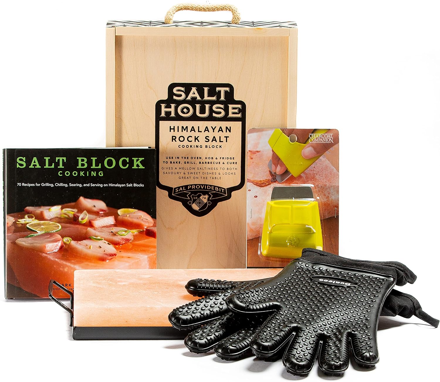 Himalayan Pink Salt Block Deluxe Cooking Kit - Includes Salt Block, Holder, Heat Proof Gloves, Cleaning Brush, and Cook Book