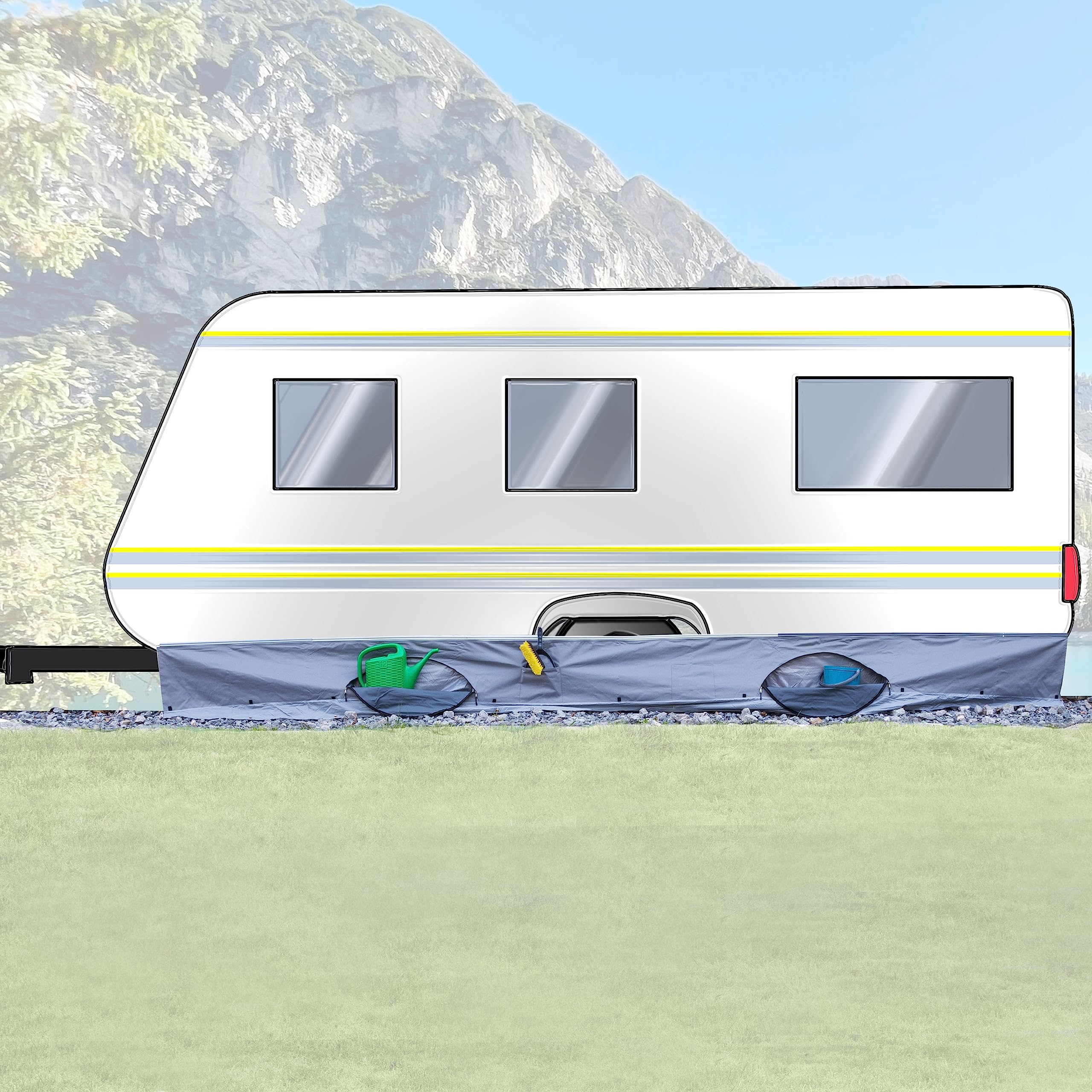 Bodenschürze Wohnwagenschürze 580x50 cm - Grau - mit 2 großen Aufbewahrungstaschen 95x85x30cm - Windschutz für Vorzelt Windblende Wagenschürze Camping Zubehör