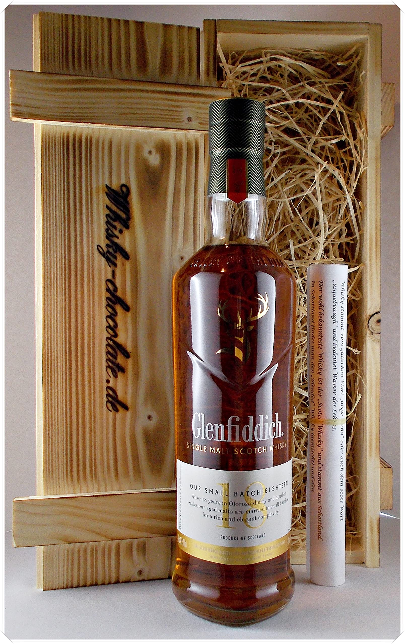 H-BO Glenfiddich 18 Jahre Whisky Geschenkset 0,7l - 8 Rausch Edelschokoladen - Edles Speyside Single Malt Scotch Genießerset in Holzkiste für Männer & Genießer