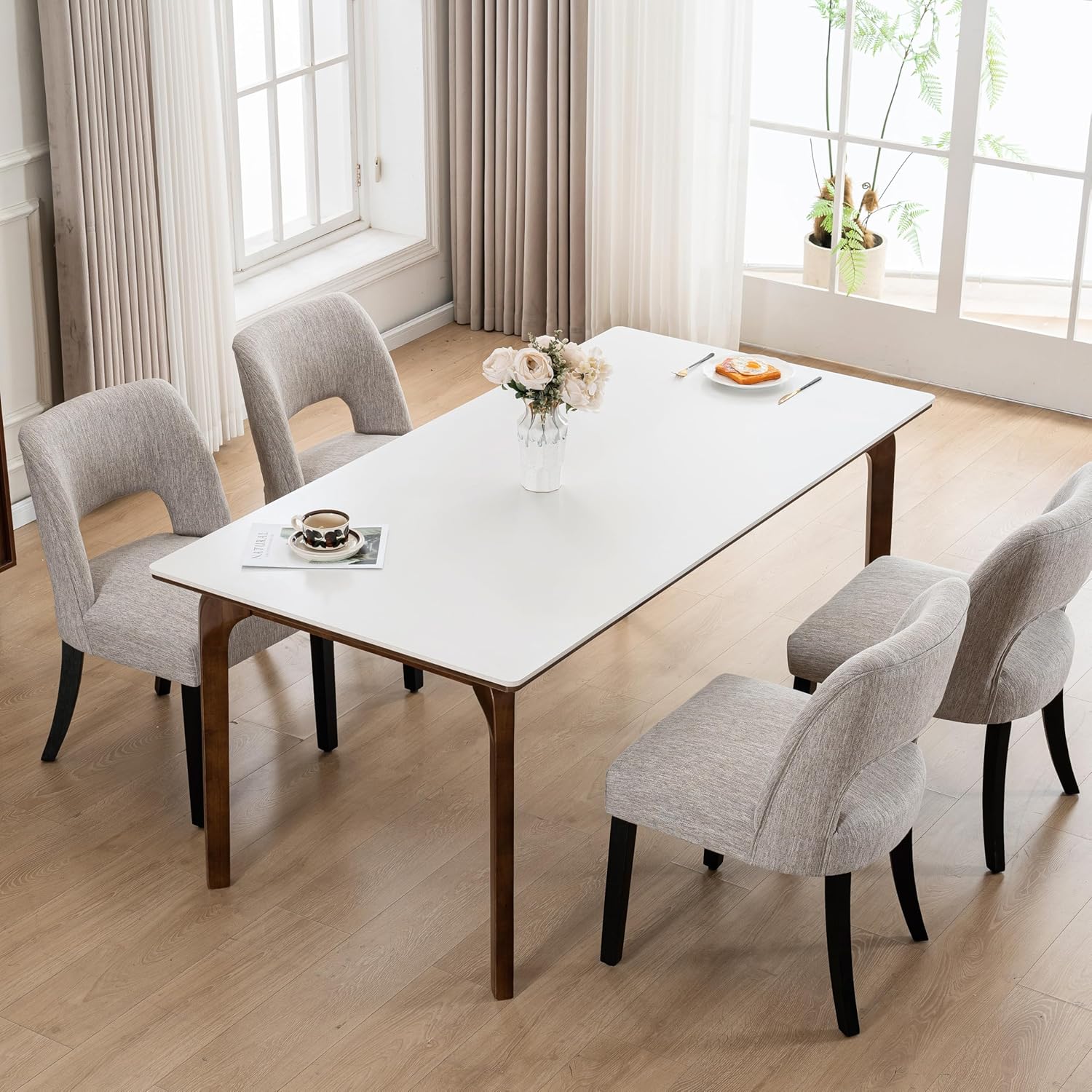 VKNOW Wooden Dining Chairs Set of 4, Modern Fabric Upholstered Dining Room Chair Kitchen Chairs, Farmhouse Dinner Chair for Kitchen Dining Room, Grey-Black Legs