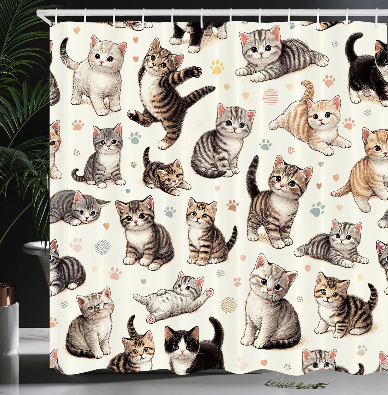 Ambesonne Cat Shower Curtain, Pattern of Little Kittens Playful Poses Joyous Concept Pastel Paw Prints, Cloth Fabric Bathroom Decor Set with Hooks, 69" W x 84" L, Off White Taupe and Grey