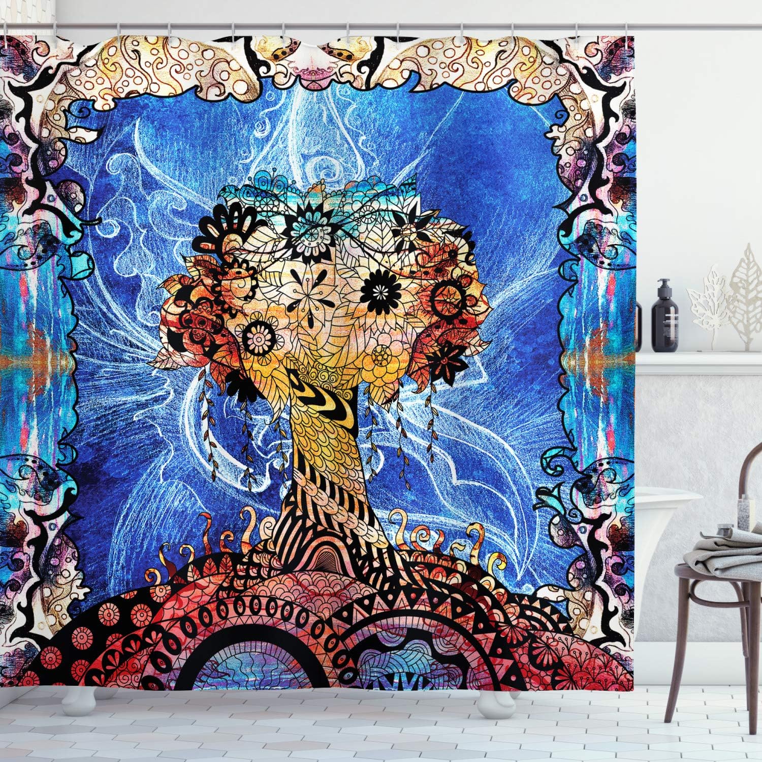Ambesonne Trippy Shower Curtain, Indie Style Sketchy Retro Tree with Flower Forms on Paisley Backdrop Abstract Image, Cloth Fabric Bathroom Decor Set with Hooks, 69" W x 70" L, Blue Brown