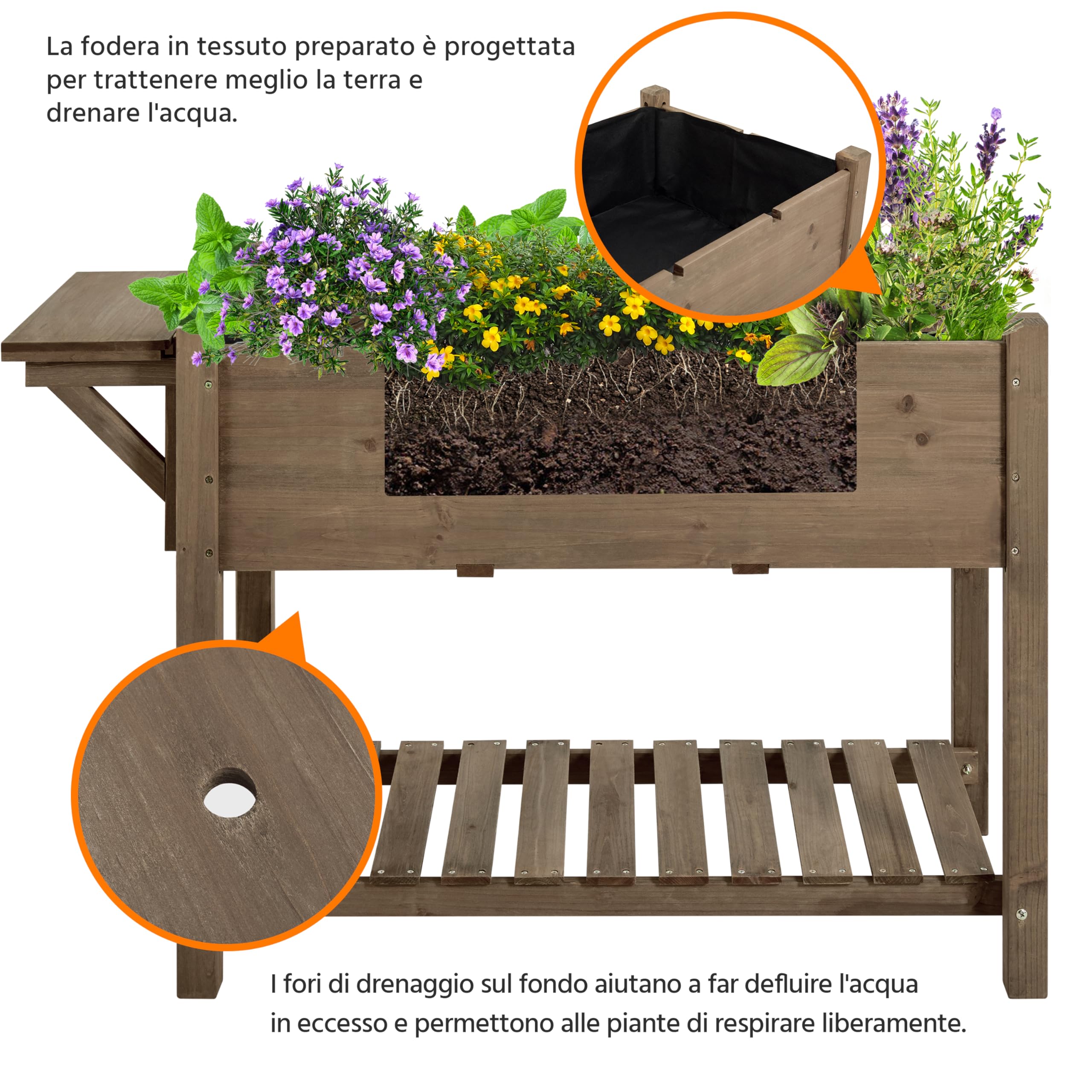 Yaheetech Fioriera/Aiuola Rialzata Orto Balcone da Esterno Giardino Alta in Legno Naturale Lettino per Piante Giardino con Ripiano Pieghevole e Griglia 8 Scompatimenti 123,5 x 54 x 80 cm
