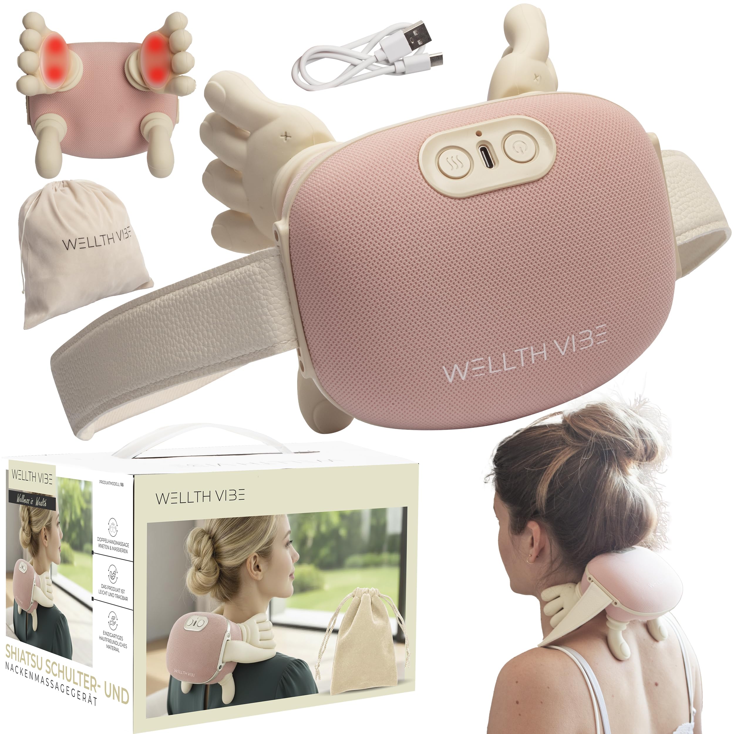 Nackenmassagegerät mit Wärme, Shiatsu Massagegerät für Nacken, Schultern & Rücken, 4D Tiefenmassage gegen Verspannungen, kabellos, wiederaufladbar, 3 Intensitätsstufen