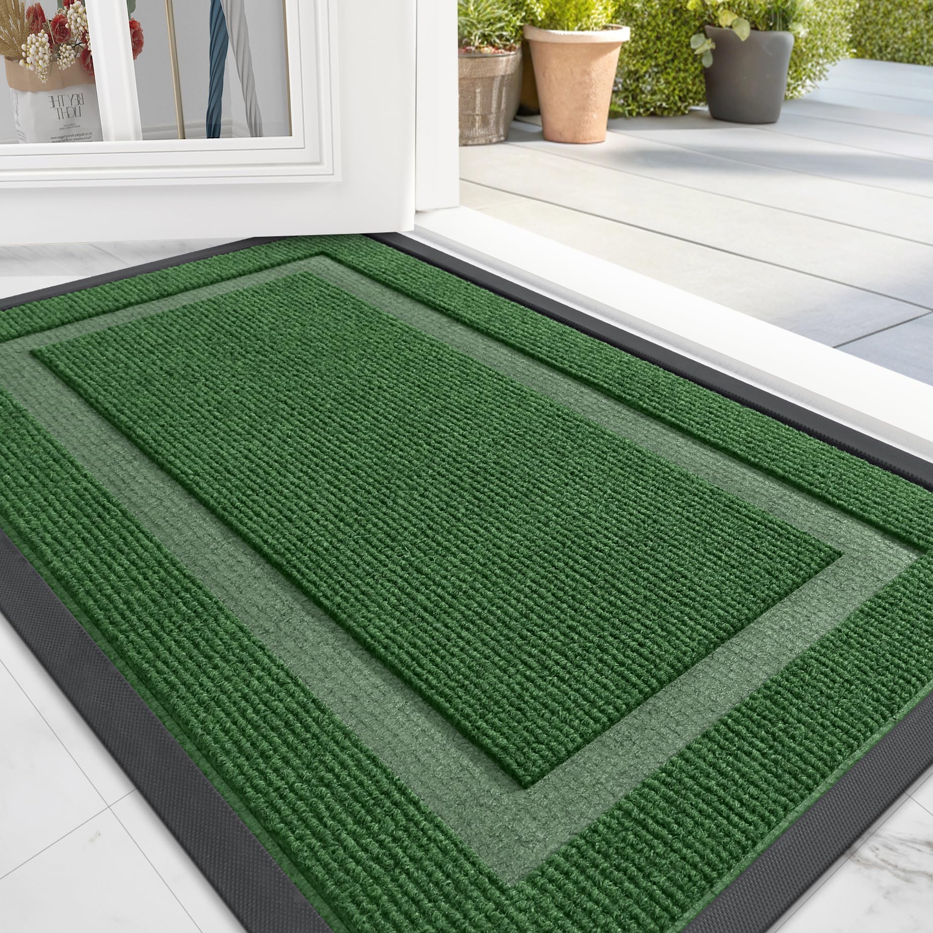 OLANLY Front Door Mat Indoor Outdoor Entrance, Waterproof All-Season, All-Weather Doormat, Sturdy Natural Rubber, Fade Resistant, Low Profile, Easy Clean Patio Porch Entryway Mat, 71x24, Green