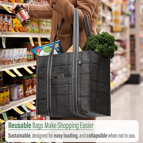 Miniatura 2 de VENO Paquete de 8 bolsas de compras reutilizables resistentes (paquete de 4 bolsas de compras reutilizables con fondo duro, ventana + 4 bolsas