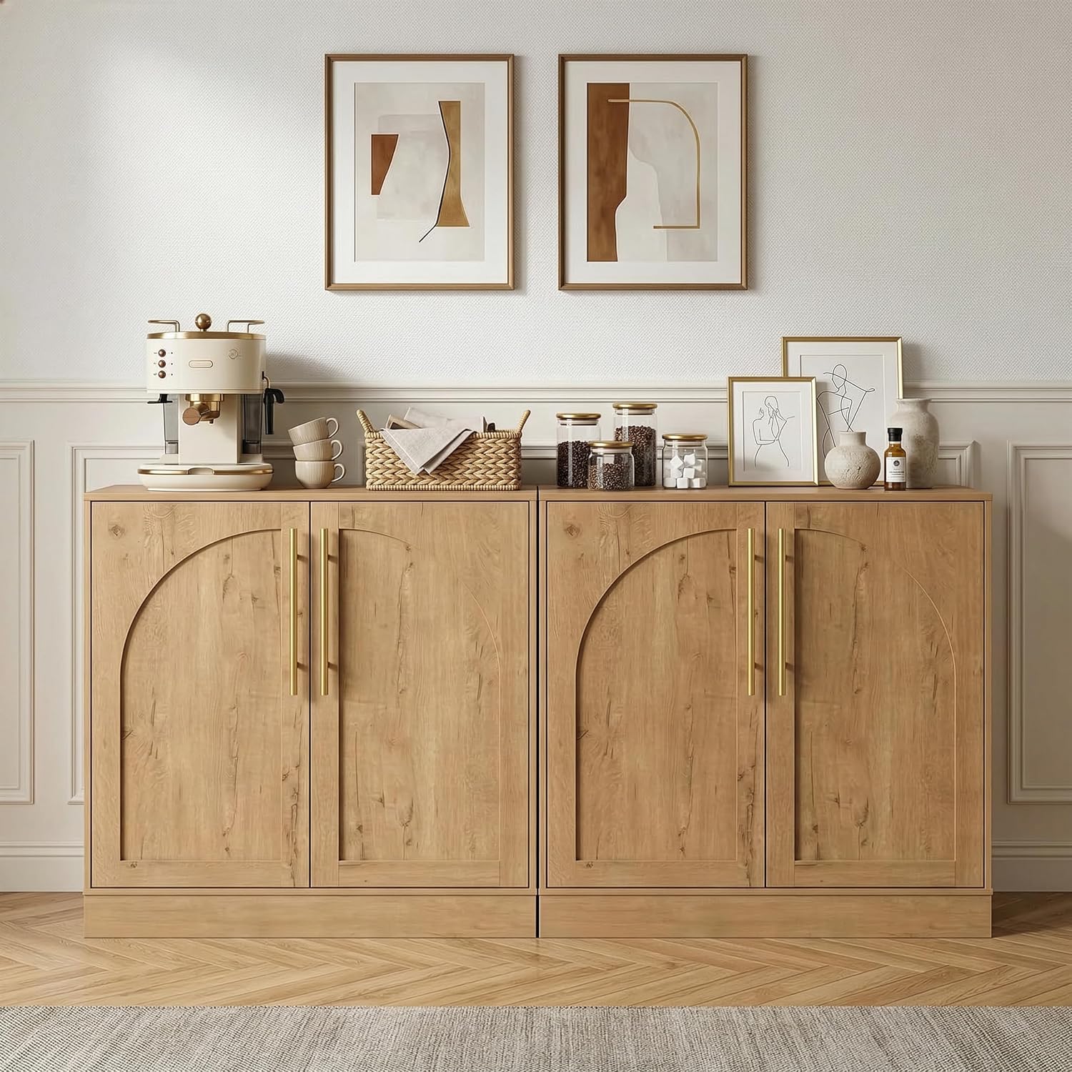 Anbuy Storage Cabinet, Freestanding Sideboard Buffet Cabinet with Arched Design, Adjustable Shelves Wooden Cabinet Ideal for Coffee Bar, Living Room (Oak, Set of 2)