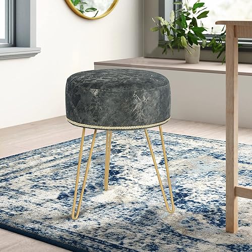 Miniatura 9 de Asense Reposapiés de piel sintética, reposapiés tapizados suaves y peludos, otomana con patas de metal dorado, muebles decorativos, gris