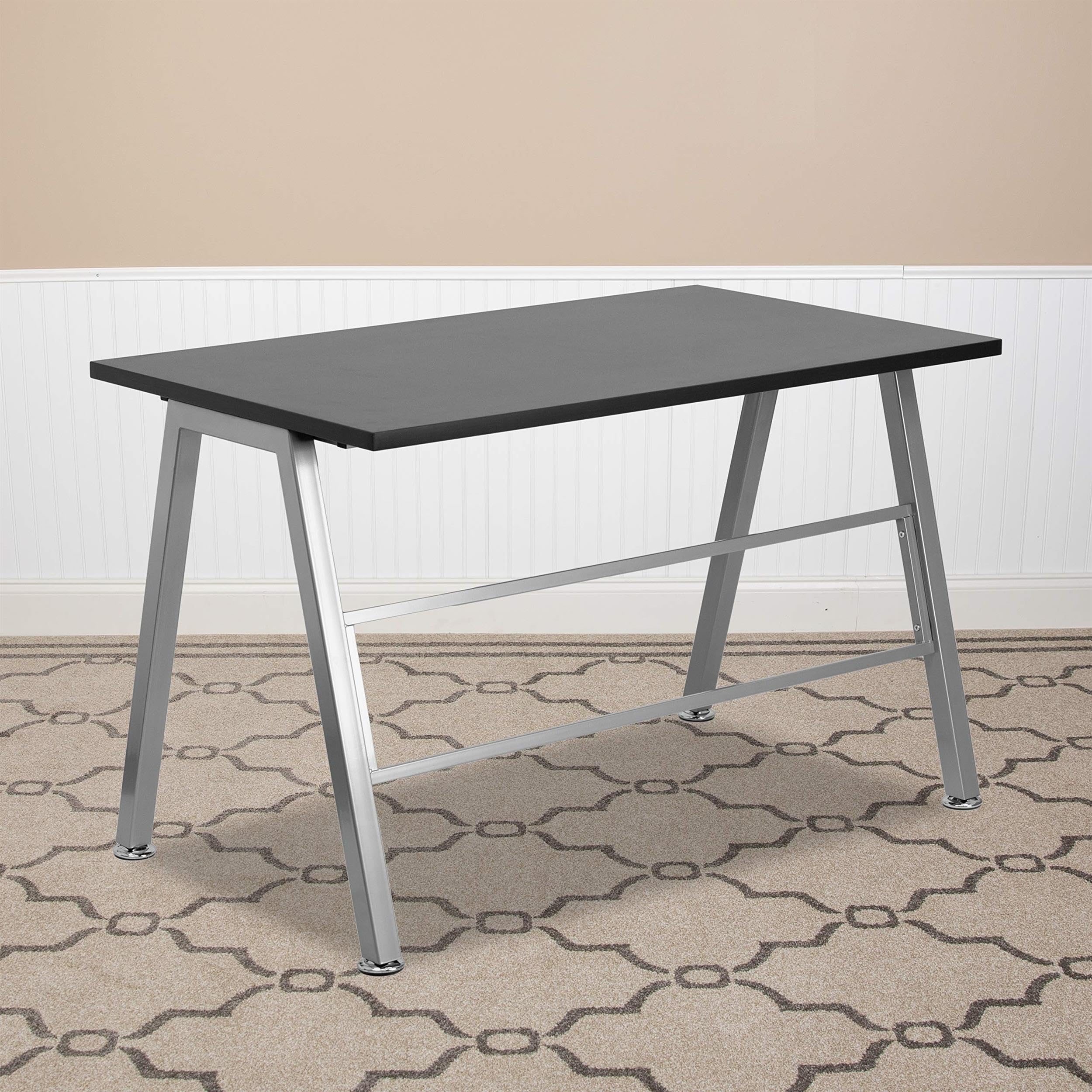 Flash Furniture Escritorio de alto perfil, metal, superficie superior laminada negra y marco plateado, 127 x 76,2 x 10,16 cm