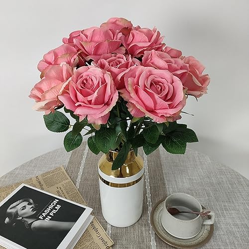 Miniatura 122 de ATFL 12 rosas artificiales de seda con flores de color rosa, rosas artificiales a granel, diámetro floral de 4 pulgadas, rosa artificial de seda