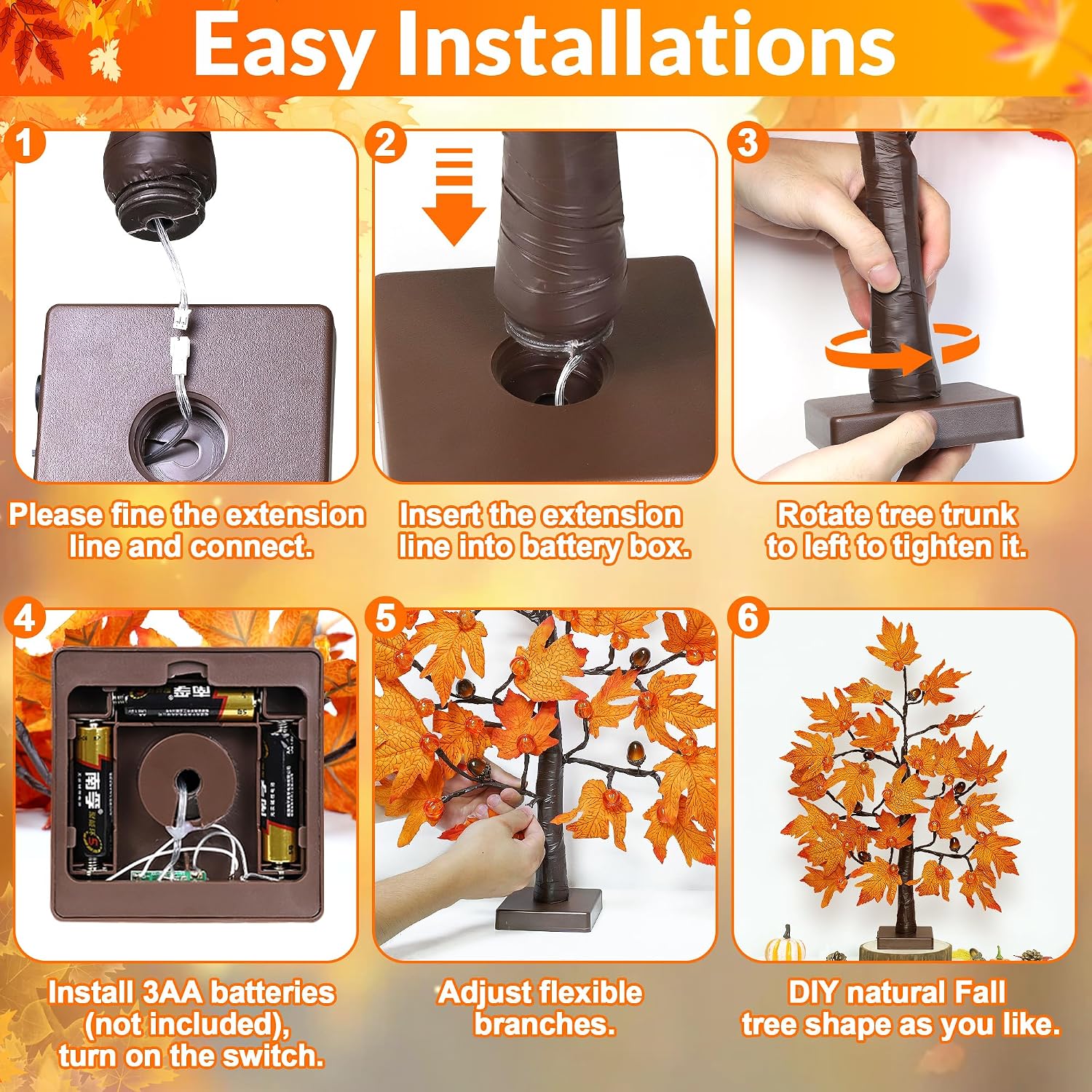 [Timer] 2 Pack 24 Inch Fall Maple Tree Fall Thanksgiving Decorations with 48 Lights, Battery Operated Lighted Pumpkin Acorn Artificial Tree for Thanksgiving Table Decorations Indoor Home Fall Decor
