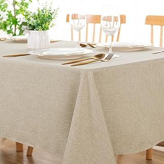 DWCN Rectangle Faux Linen Tablecloth - Textured Waterproof Spill-Proof Wrinkle and Stain Resistant Table Cloth Decorative Fabric Farmhouse Table Cover for Kitchen Dining Party, 52 x 70 Inch, Beige