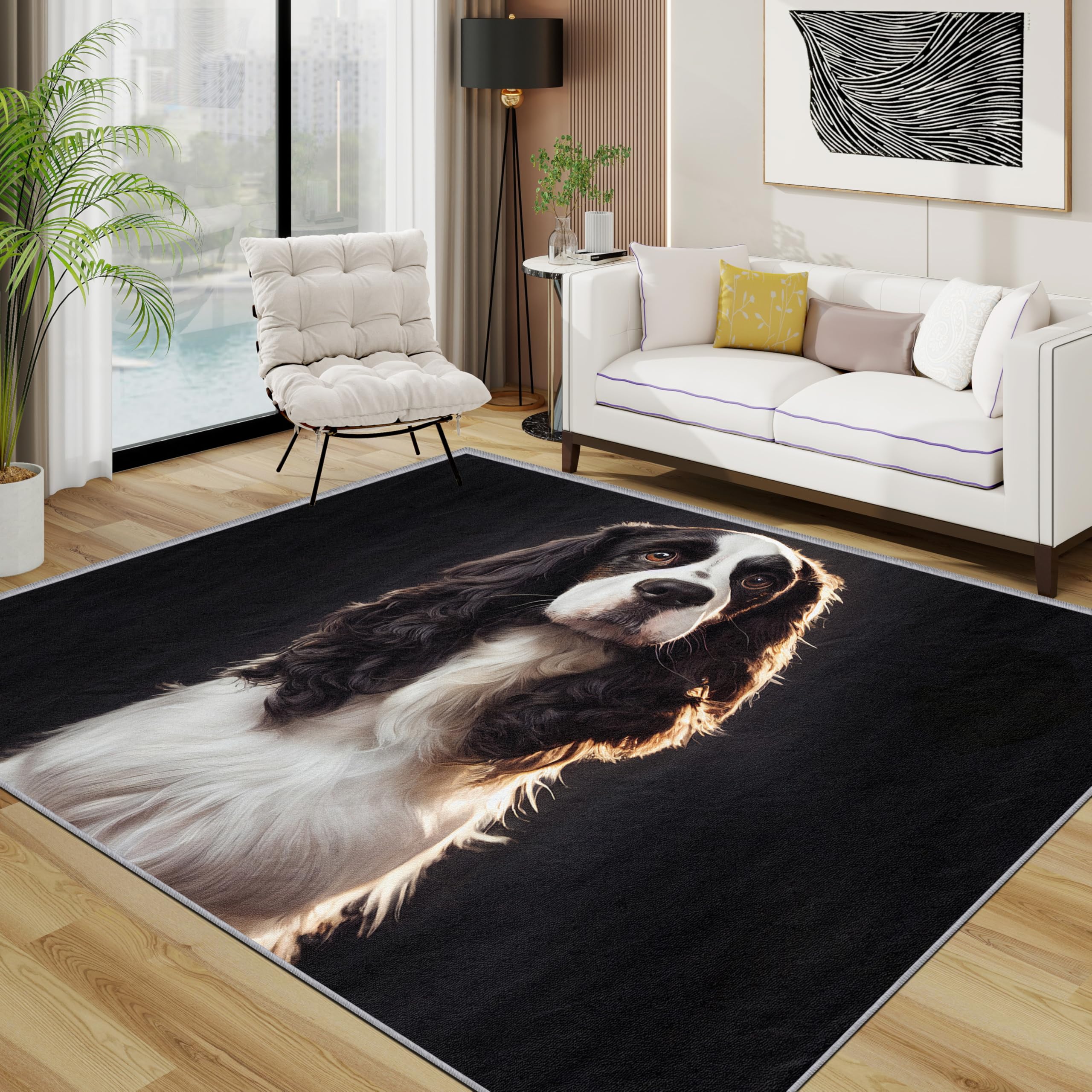 Springer Spaniel Rugs Living Room Large 140x200-3D Dog Animal Bedroom Rug, Cute Puppy Black Washable Non Slip Low Pile Carpet, Springer Spaniel House Decor
