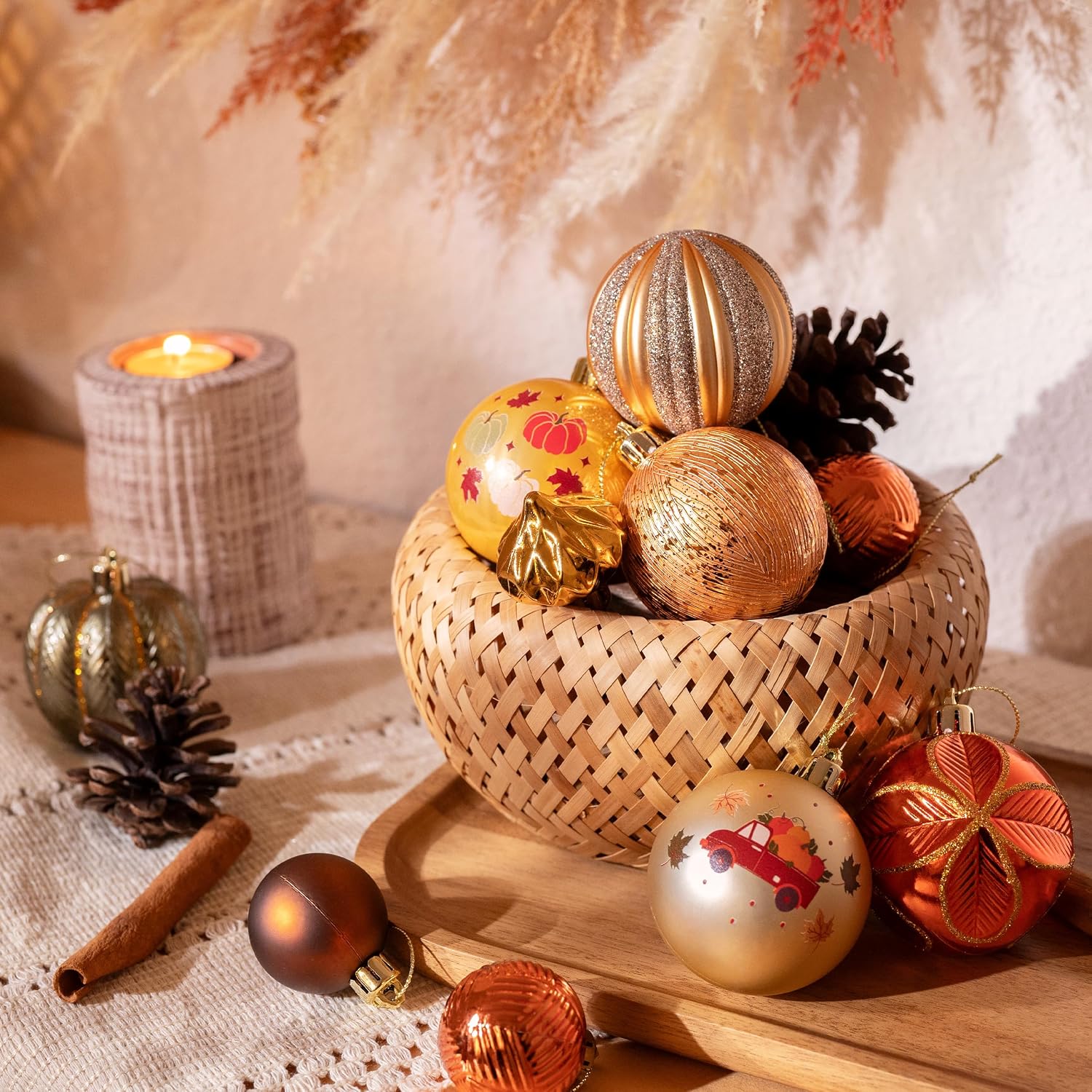 DecorbyHannah Fall Ornaments Tree Decorations, 21ct Autumn Thanksgiving Harvest Pumpkin Truck Hanging Ball Tree Ornaments Set, Shatterproof Gold Orange Farmhouse Decor for Home Indoor Table
