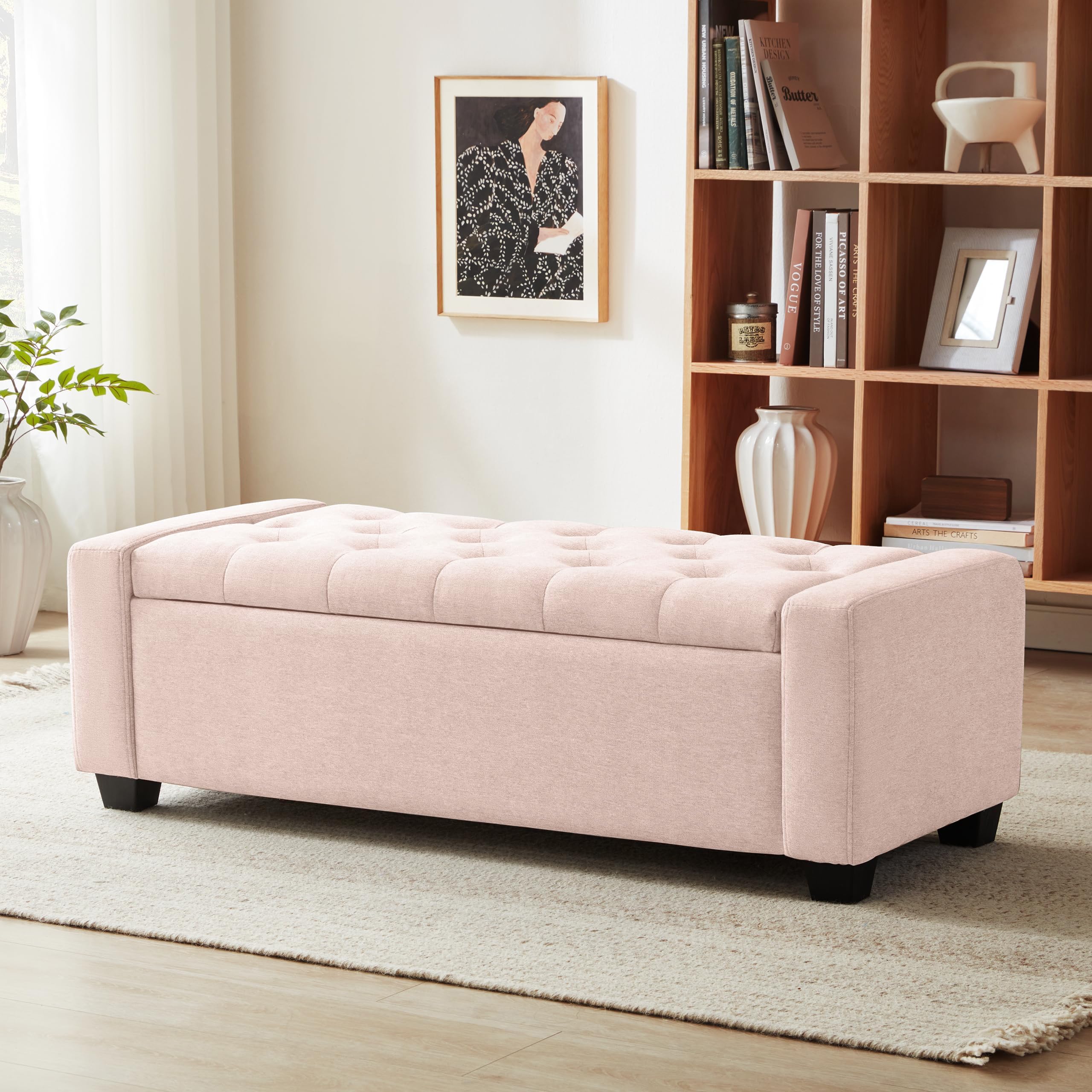 Huatean Home 48" Ottoman with Storage, Pink Storage Ottoman Bench with Safety Hinge, Upholstered Entryway Bench with Seating for Bedroom, Living Room, Holds up to 330 lb