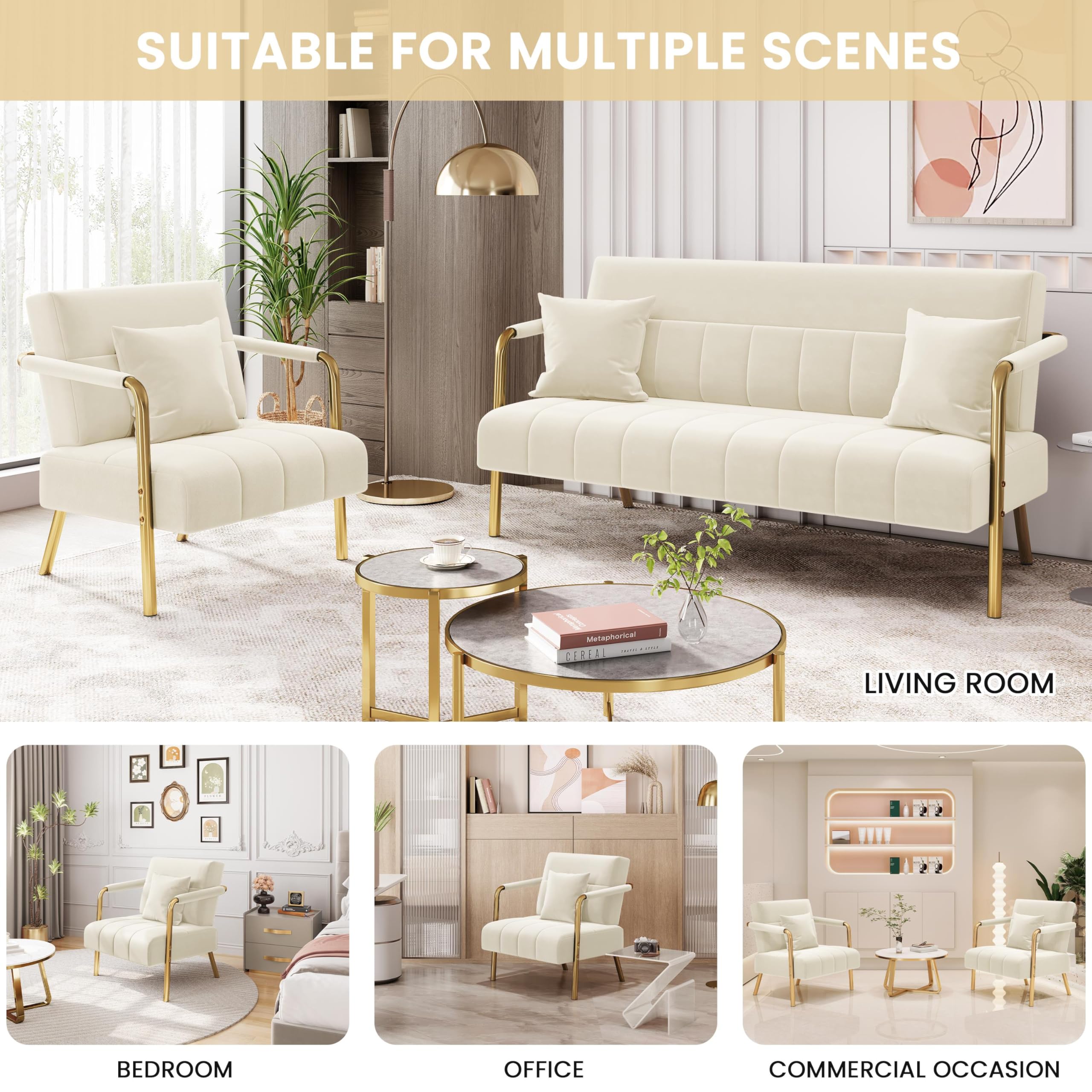 Abician Fauteuil de Salon en Velours Chaise d'appoint Relaxation avec Coussin Carré Fauteuil de Relax Cadre en Métal Doré pour Chambre à Coucher Salle d'attente Bureau Beige