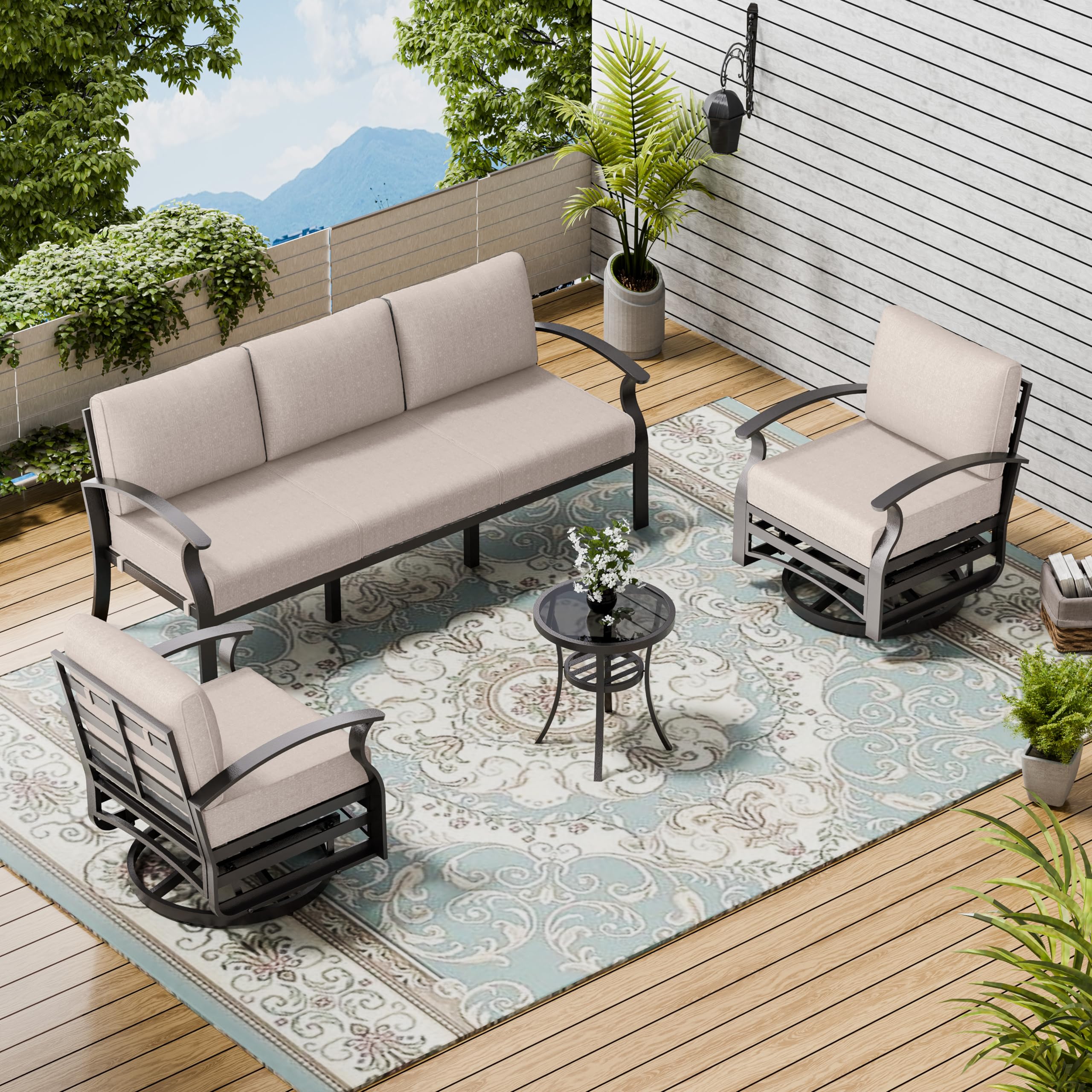 ASJMR Patio Furniture Set 3-Piece Aluminum Armrest Sofa, All-Weather Patio Conversation Set with Tempered Glass Top Table & Removable Sponge Cushions
