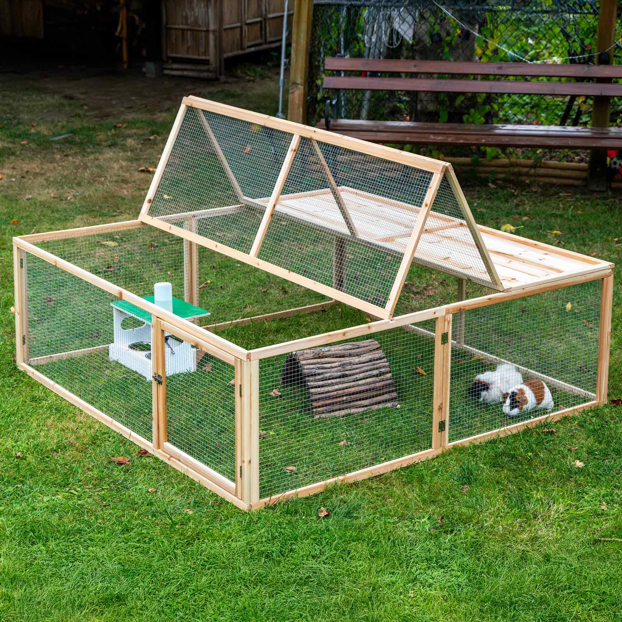 dobar® 23570e Großes Freilaufgehege Massivholz -Aufklappbares Kaninchengehege mit Tür - Außengehege XL für kleine Nager - Quadratischer Freilauf für Kleintiere - 148 x 148 x 50 cm - Natur