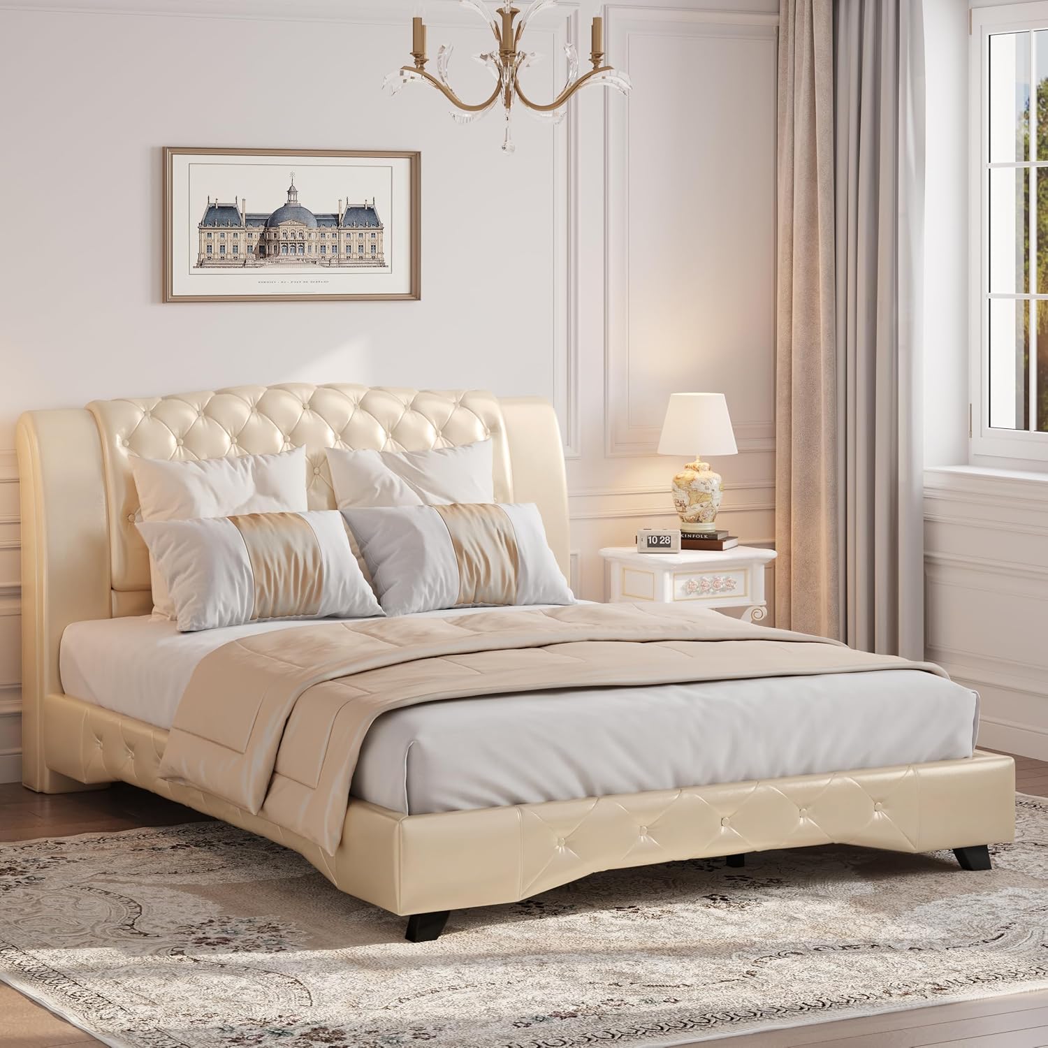 Christopher Knight Home Hira King Bed Frame and Headboard, King Size Bed Frame with Button Tufted, PU Leather Upholstered Platform Bed, Wooden Slats Support, No Box Spring Needed, Wheat