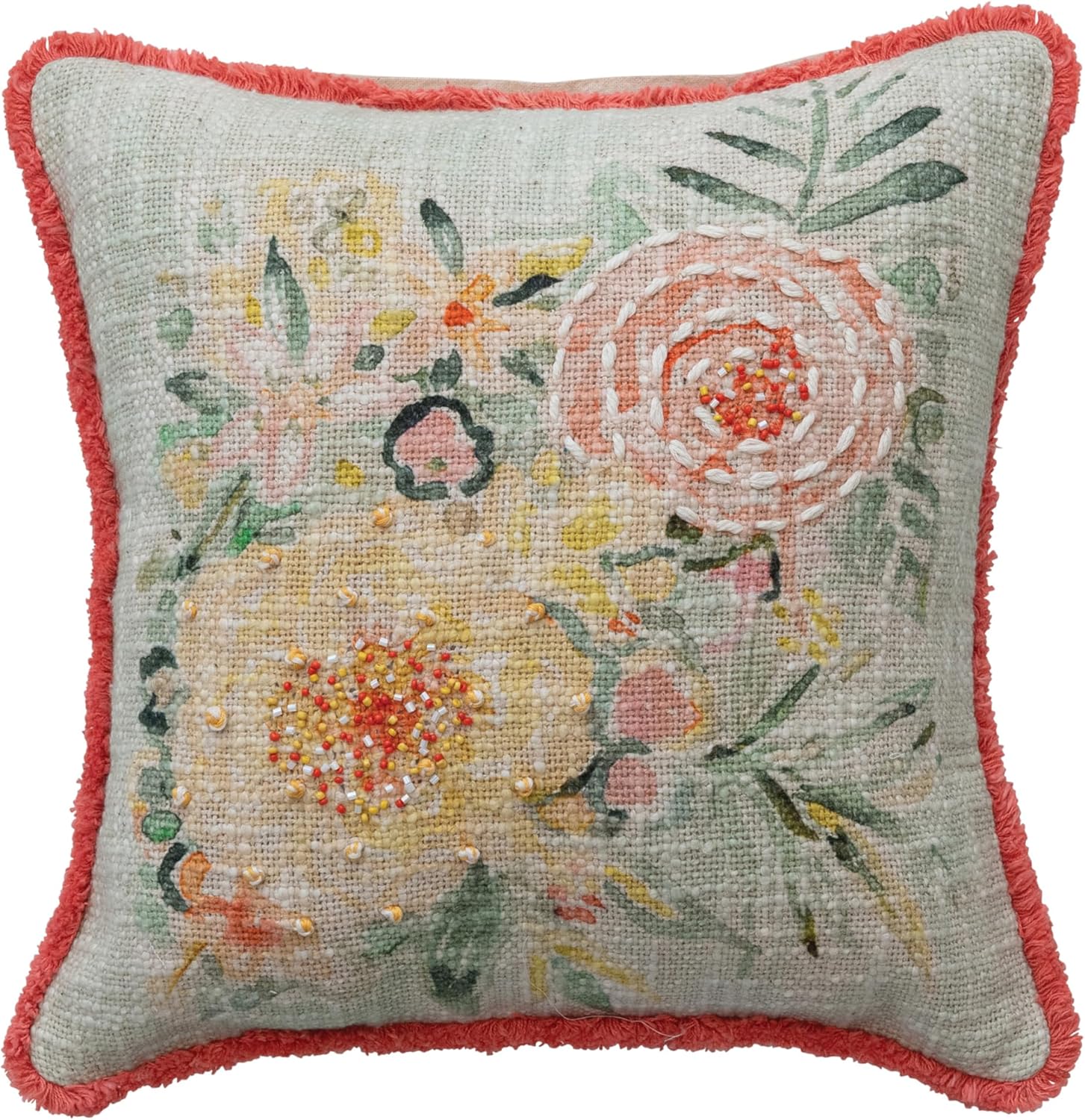 Creative Co-Op Cotton Slub Pillow with Flowers, Embroidery and Eyelash Fringe, Multi Color
