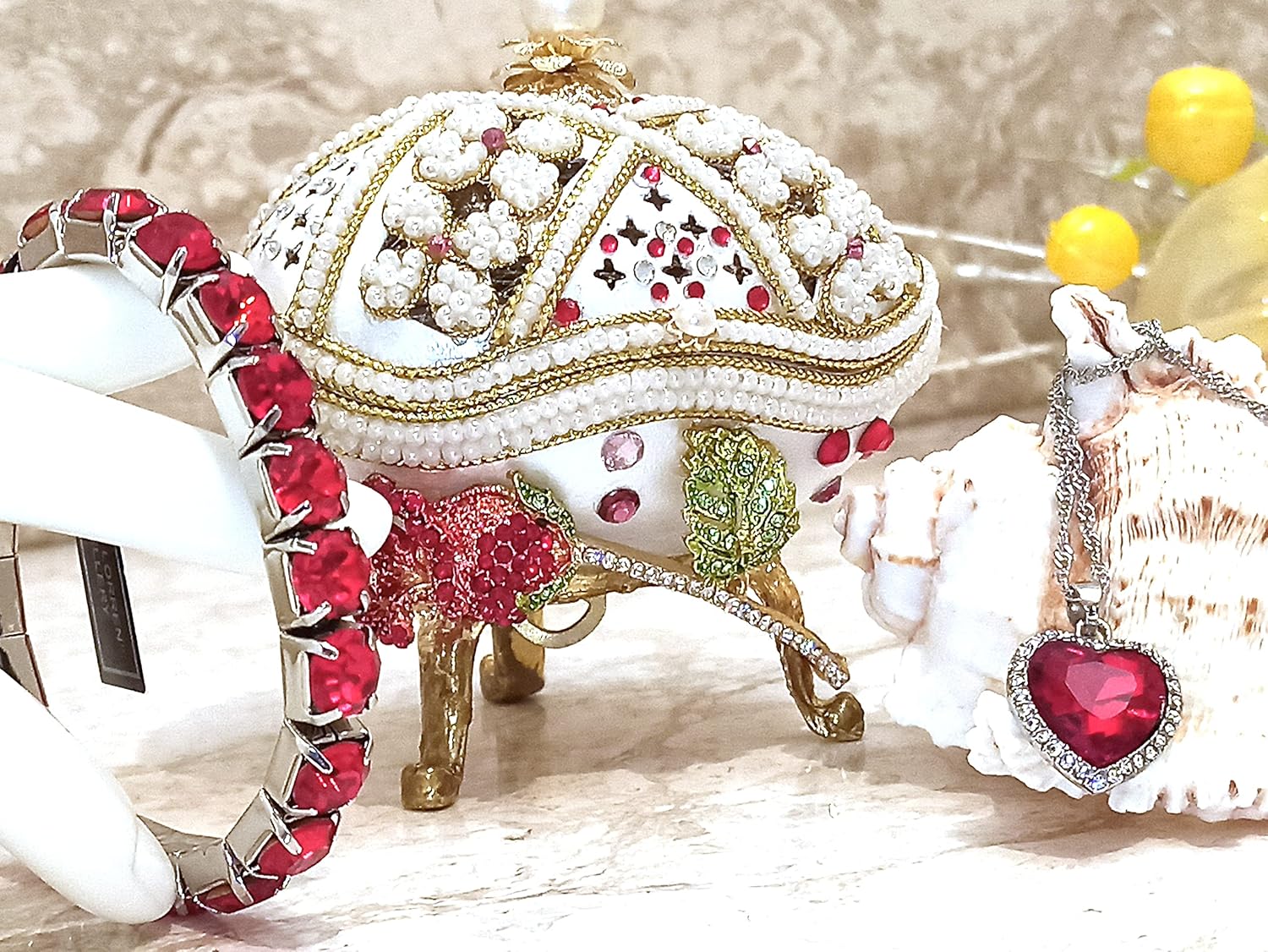 Womens Day Designer Rose Fabergé Egg Limited Edition Gift for Women Faberge Egg Music & Sterling Silver Ruby Heart & Bracelet September Gift Idea for Love Fabergé Real Egg 24K Gold