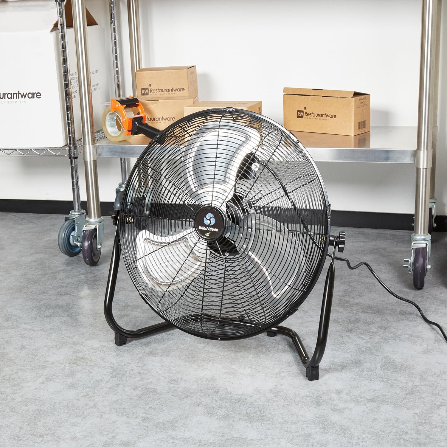 Restaurantware-Wind Blade 20 Inch 4750 CFM Industrial Fan, 1 Heavy Duty Indoor Fan - Tilt Head, 3-Speed High Velocity Motor, Black Metal, For Warehouse, Garages, Or Basement