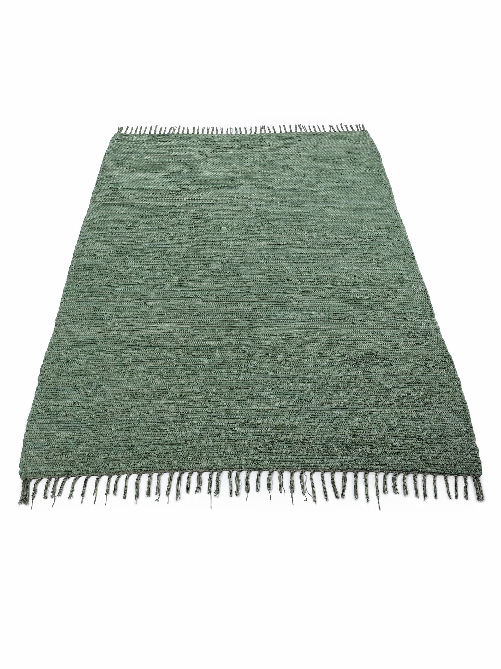 carpetfine Tappeto a tessitura Kilim Chindi Uni verde 140x200 cm, tessuto a mano | Tappeto moderno reversibile in cotone per soggiorno e camera da letto con frange