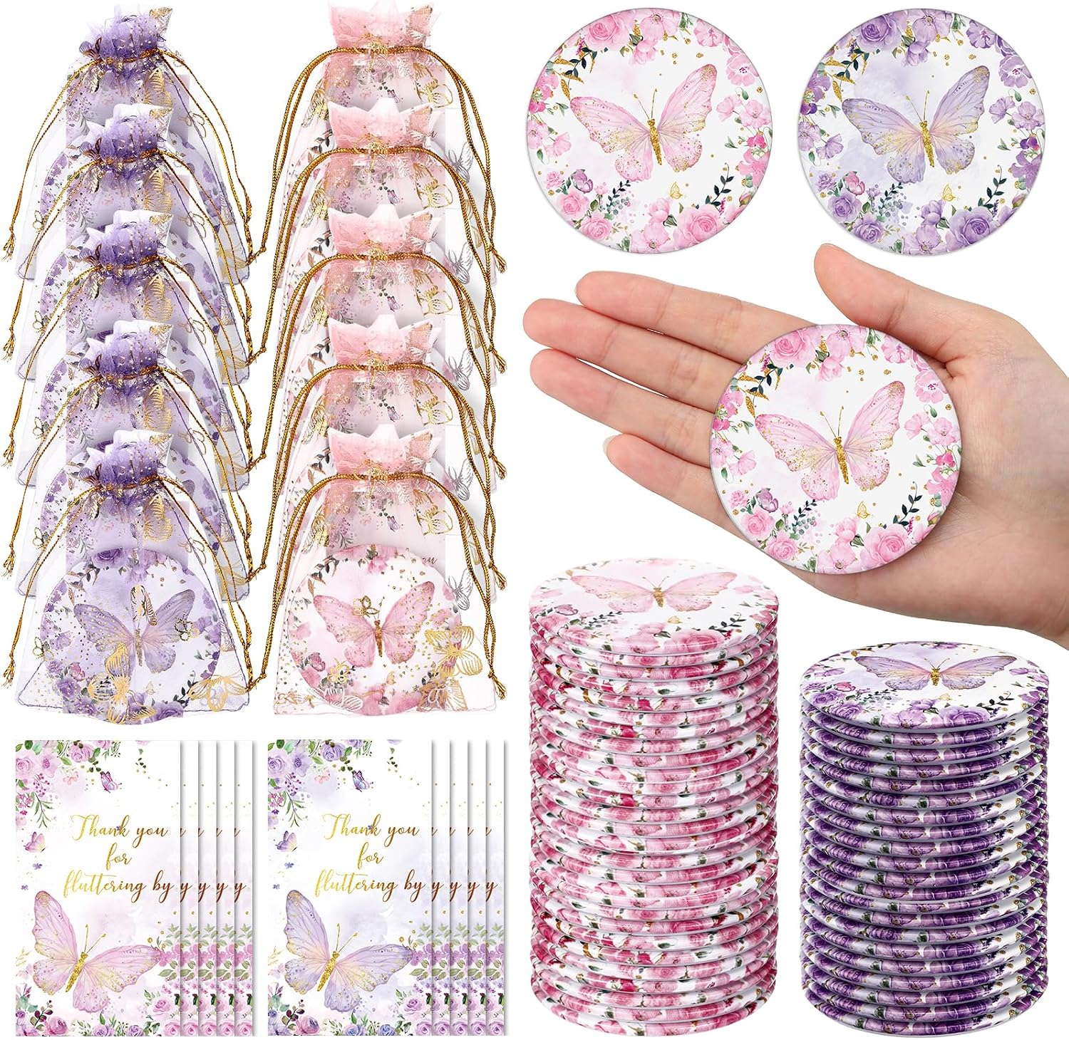 Yuntau 36 Sets Butterfly Compact Mirrors Baby Shower Favors, Purple & Pink
