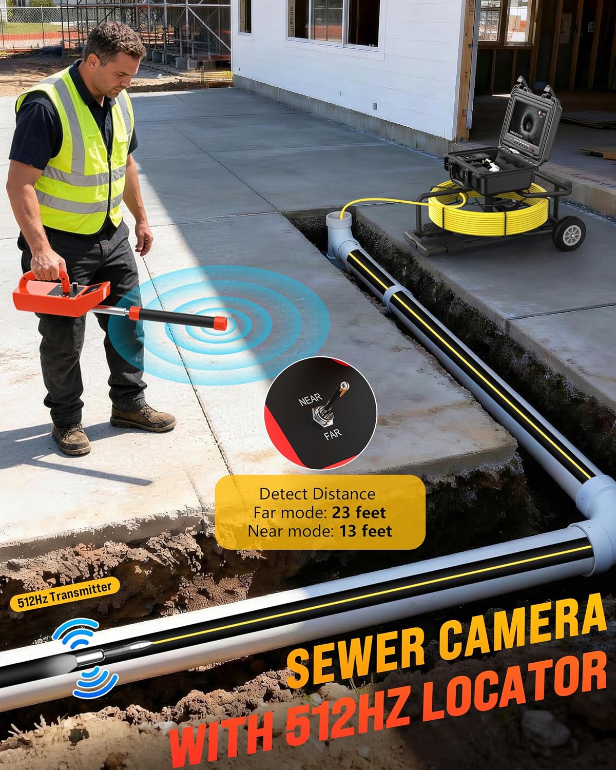 OKK Sewer Camera with 512Hz Locator, Professional 9" Self-Leveling Drain Camera 300ft, Distance Counter, 7mm Cable, Pull Handle, Wheels, IP68 Waterproof, DVR with Mic, 32GB Card, 5100mAh Battery